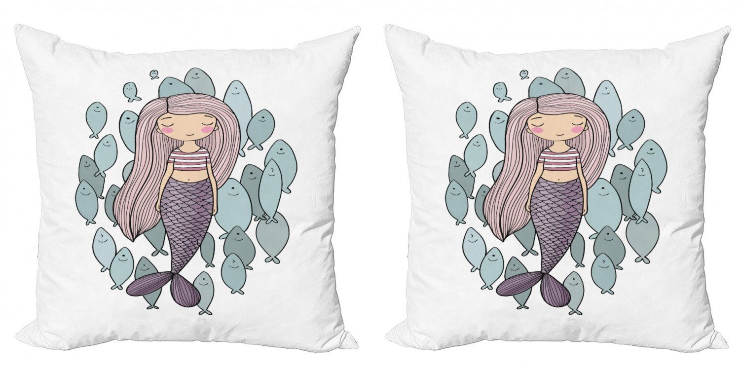 Kissenbezüge Modern Accent Doppelseitiger Digitaldruck, Abakuhaus (2 Stück), Meerjungfrau Karikatur-Mädchen mit Fisch