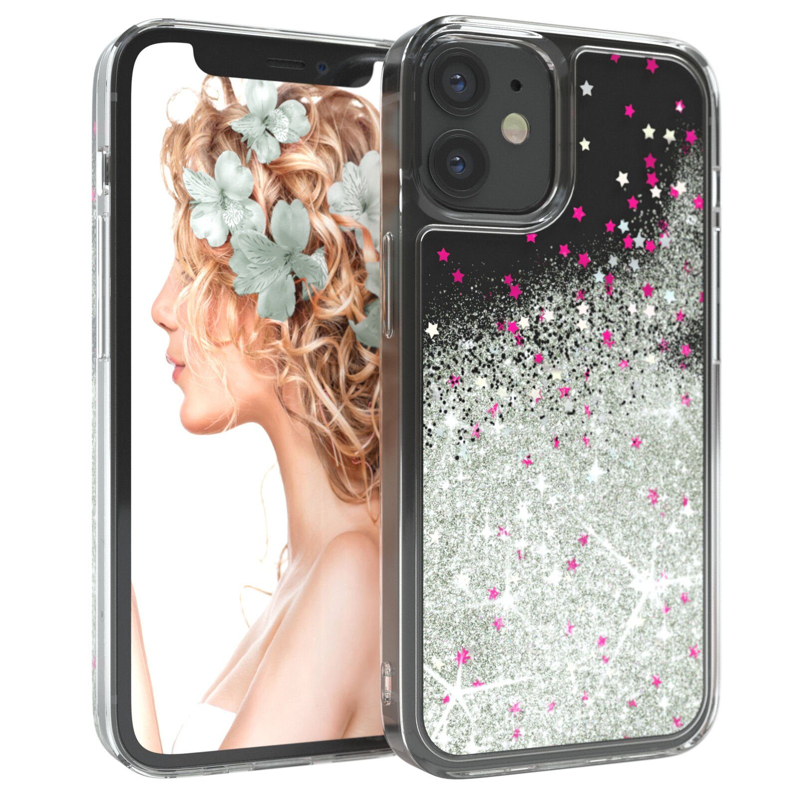 EAZY CASE Handyhülle Liquid Glittery Case für Apple iPhone 12 Mini 5,4 Zoll, Kratzfeste Silikonhülle stoßfestes Back Cover Phone Case Etui Silber