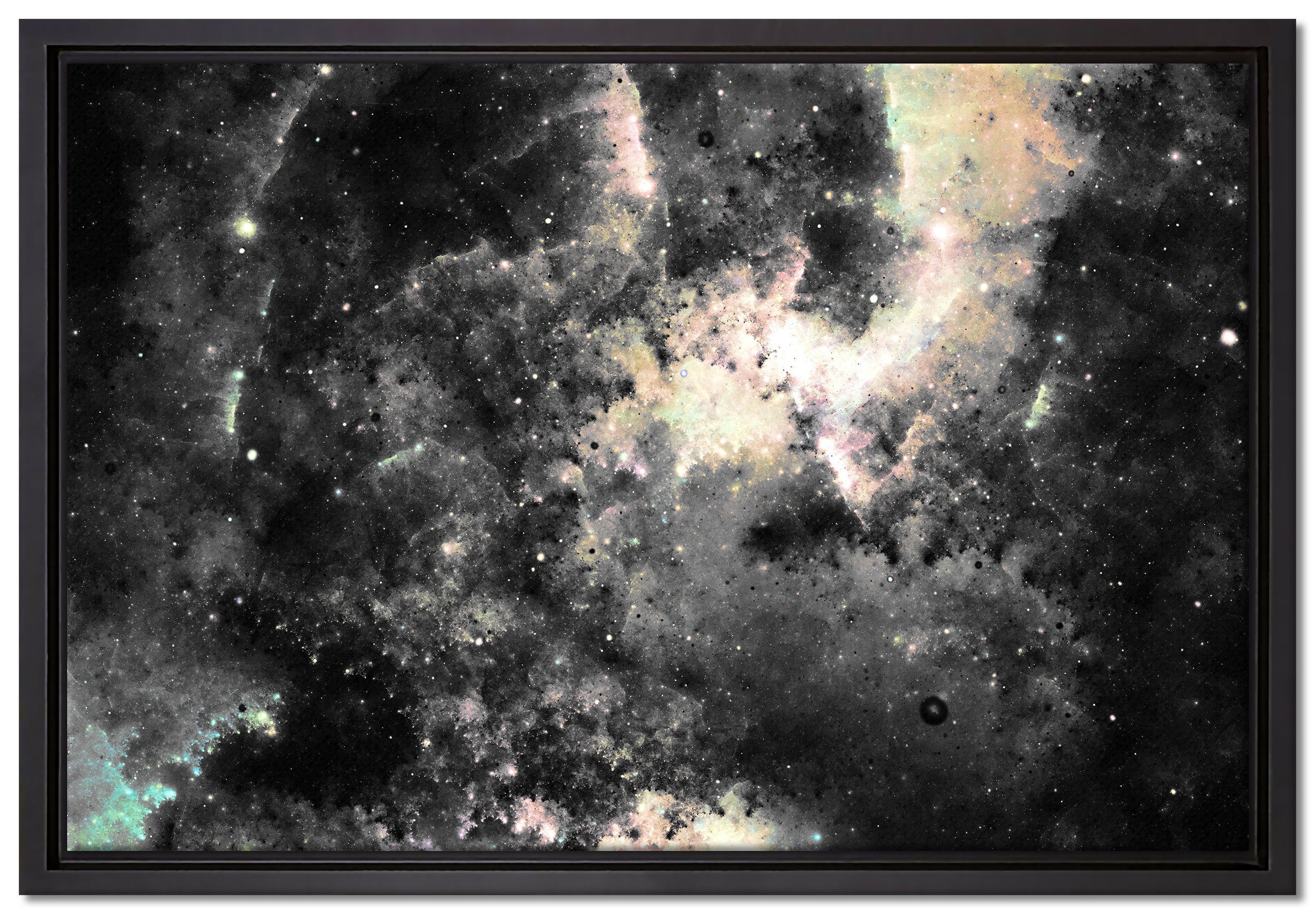 Bunte Leinwandbild St), inkl. und einem Schattenfugen-Bilderrahmen fertig (1 Leinwandbild Zackenaufhänger in Wanddekoration Sterne, gefasst, Nebelgalaxie bespannt, Pixxprint