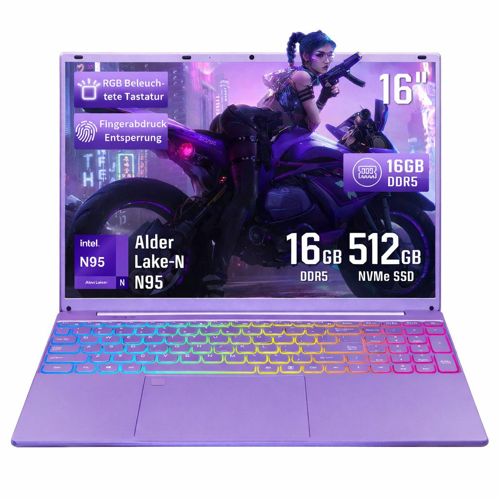 LONGEVINCE 16" Laptop, FHD Display, N95 CPU, 180° Scharnierdesign Notebook (40,64 cm/16 Zoll, Intel Alder Lake-N, Intel UHD Graphics, 16 GB, 512 GB SSD, Tastatur mit Hintergrundbeleuchtung, Fingerabdruckerkennung, Lila)