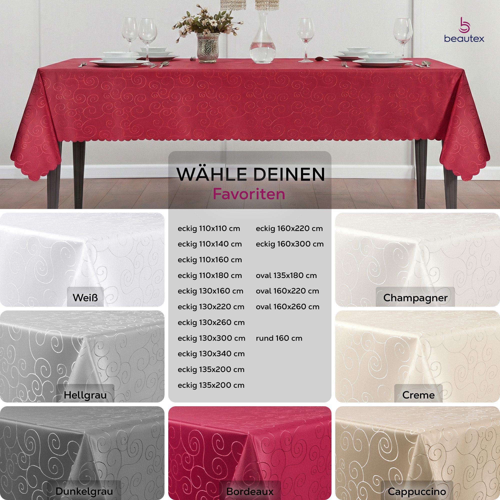 Beautex Tischdecke Damast Ornamente bügelfrei fleckenabweisend pflegeleichte Tischwäsche (1-tlg), Lotuseffekt, Formstabil, Strapazierfähig, Eleganter Glanz, Kni – Bild 5 von 5