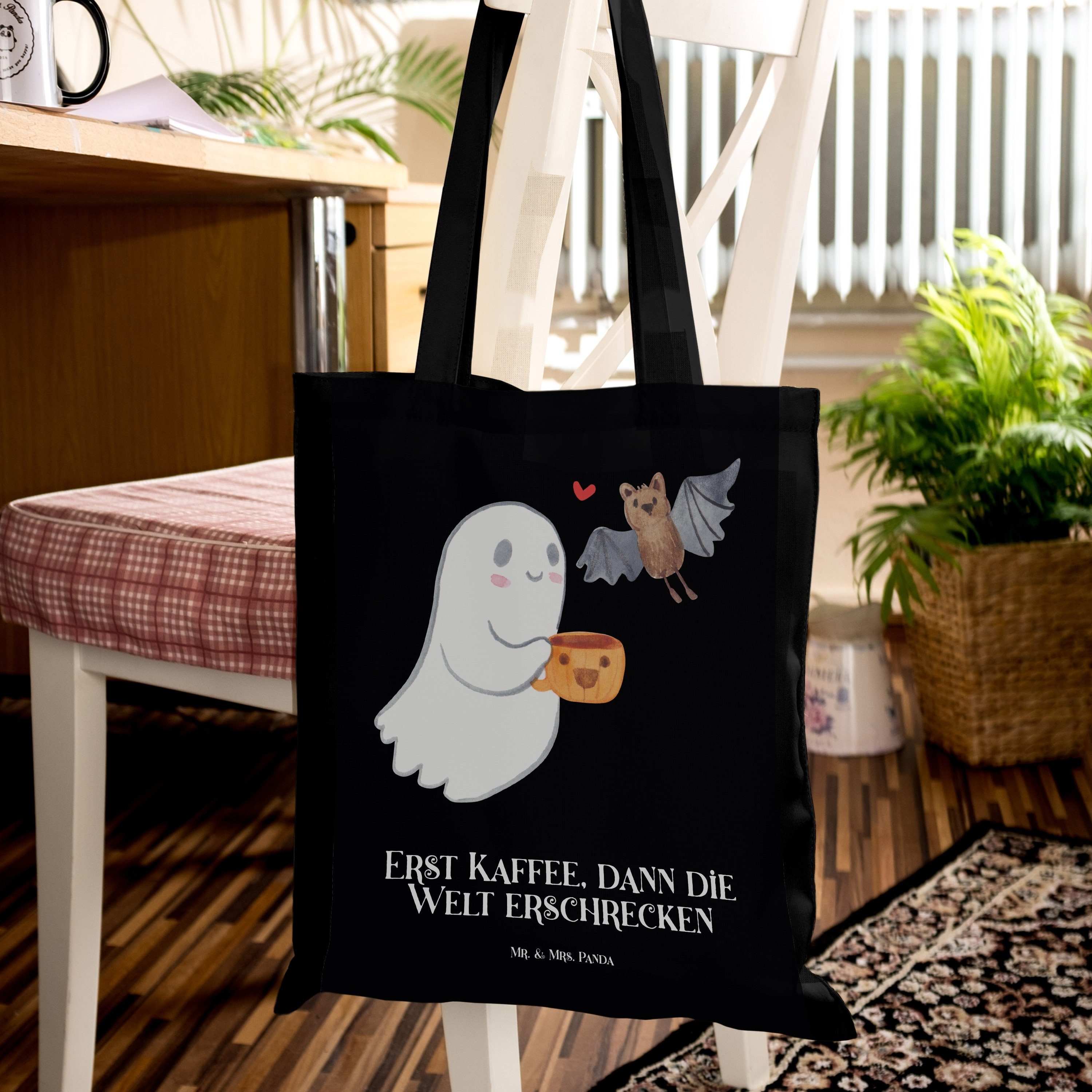 Gespenst Schwarz Schenken Jutebeutel, Mrs. Panda Mr. Halloween, - & Kaffee - Tragetasche (1-tlg) Geschenk,