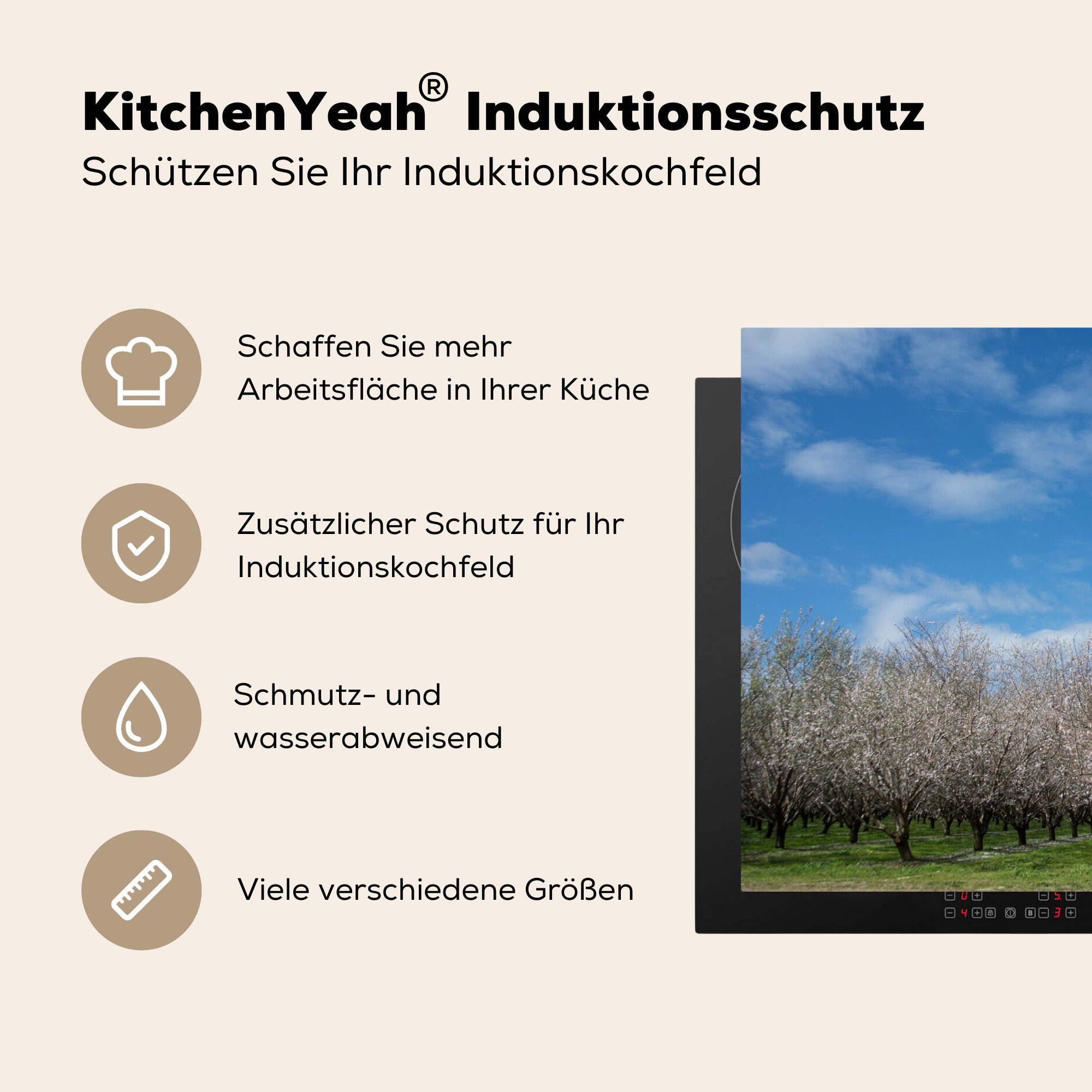 MuchoWow Herdblende-/Abdeckplatte Induktionskochfeld die Vinyl, 81x52 Mandelbaumreihen, küche, cm, (1 Ceranfeldabdeckung tlg), für Schutz
