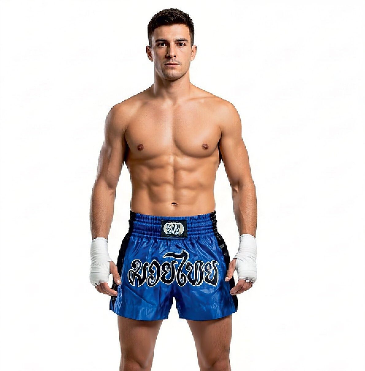 BAY-Sports Sporthose Thaiboxhose REMY Muay Thai Hose Shorts Thaiboxen MMA kurz Kickboxen kurze, leichte, locker sitzende Trainingshose, Blau/Schwarz/Weiß
