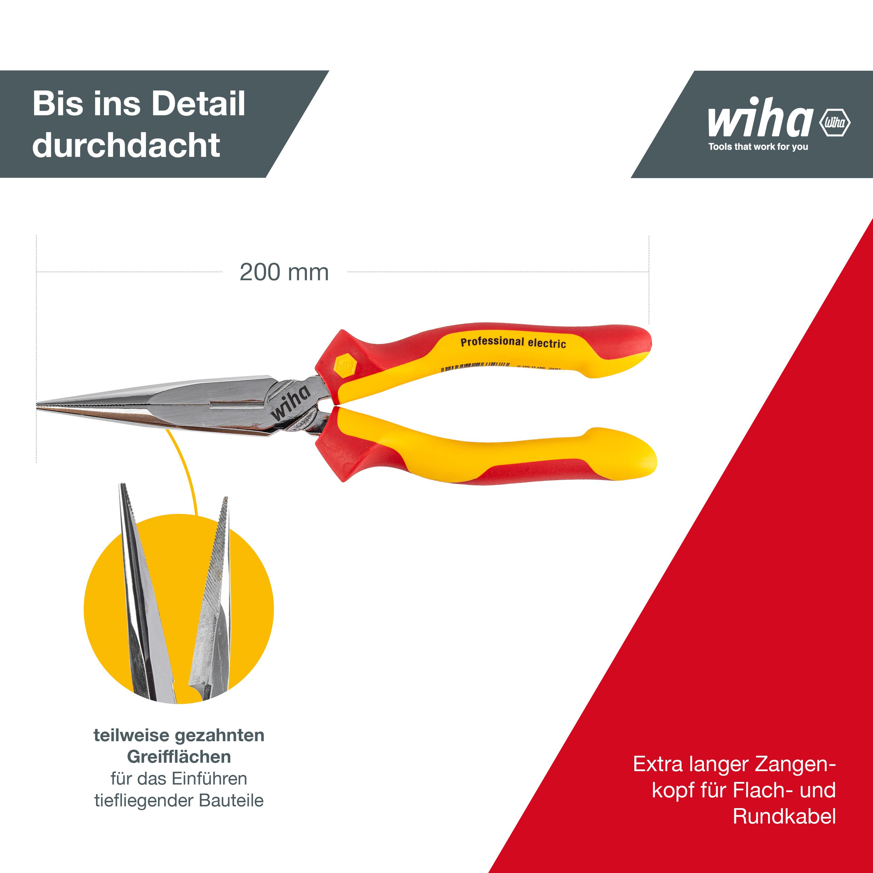 Wiha Flachrundzange Professional electric (26727), 200 mm, mit Schneide, gerade Form, Zange für Elektriker, VDE geprüft