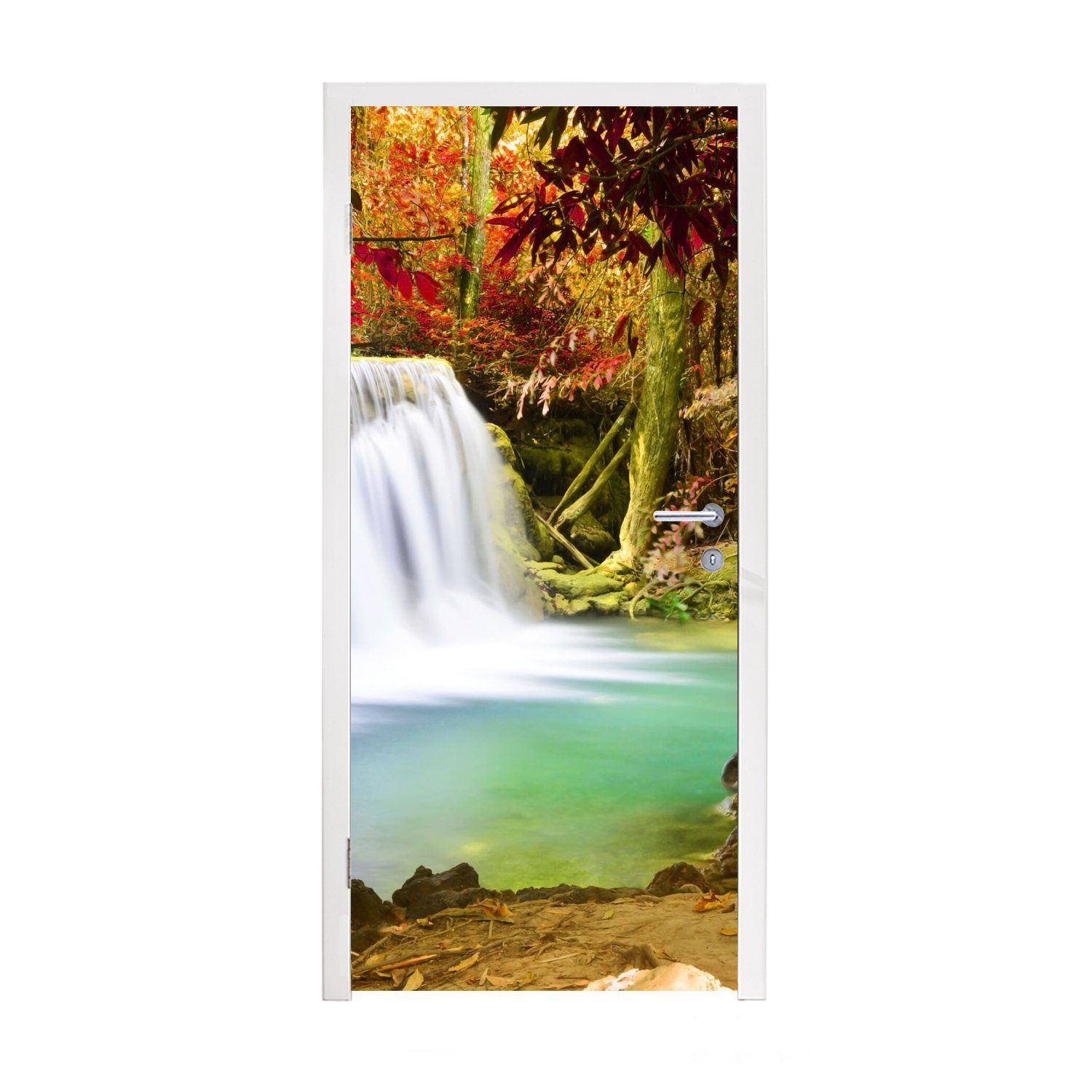 MuchoWow Türtapete Herbst - Wasserfall - Natur, Matt, bedruckt, (1 St), Fototapete für Tür, Türaufkleber, 75x205 cm