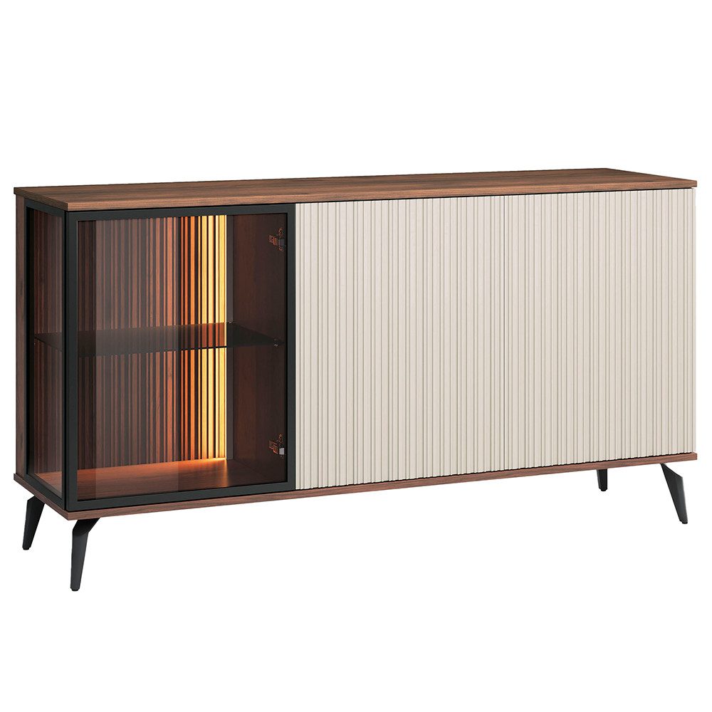 Lomadox Sideboard VIC-160, Eiche Kaschmir Beige 154 cm Metallfüße Push-to-open LED Beleuchtung