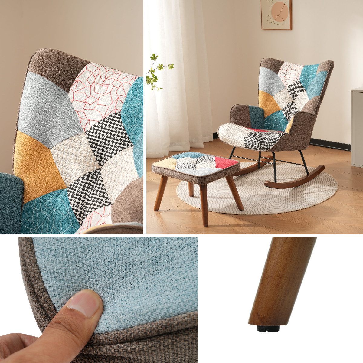IDEASY Schaukelstuhl Buntes Patchwork-Schaukelstuhl-Set, Stillsessel mit Hocker Ohrensessel, Massivholzbeine, 90 kg belastbar, ideal zum Entspannen und Lesen