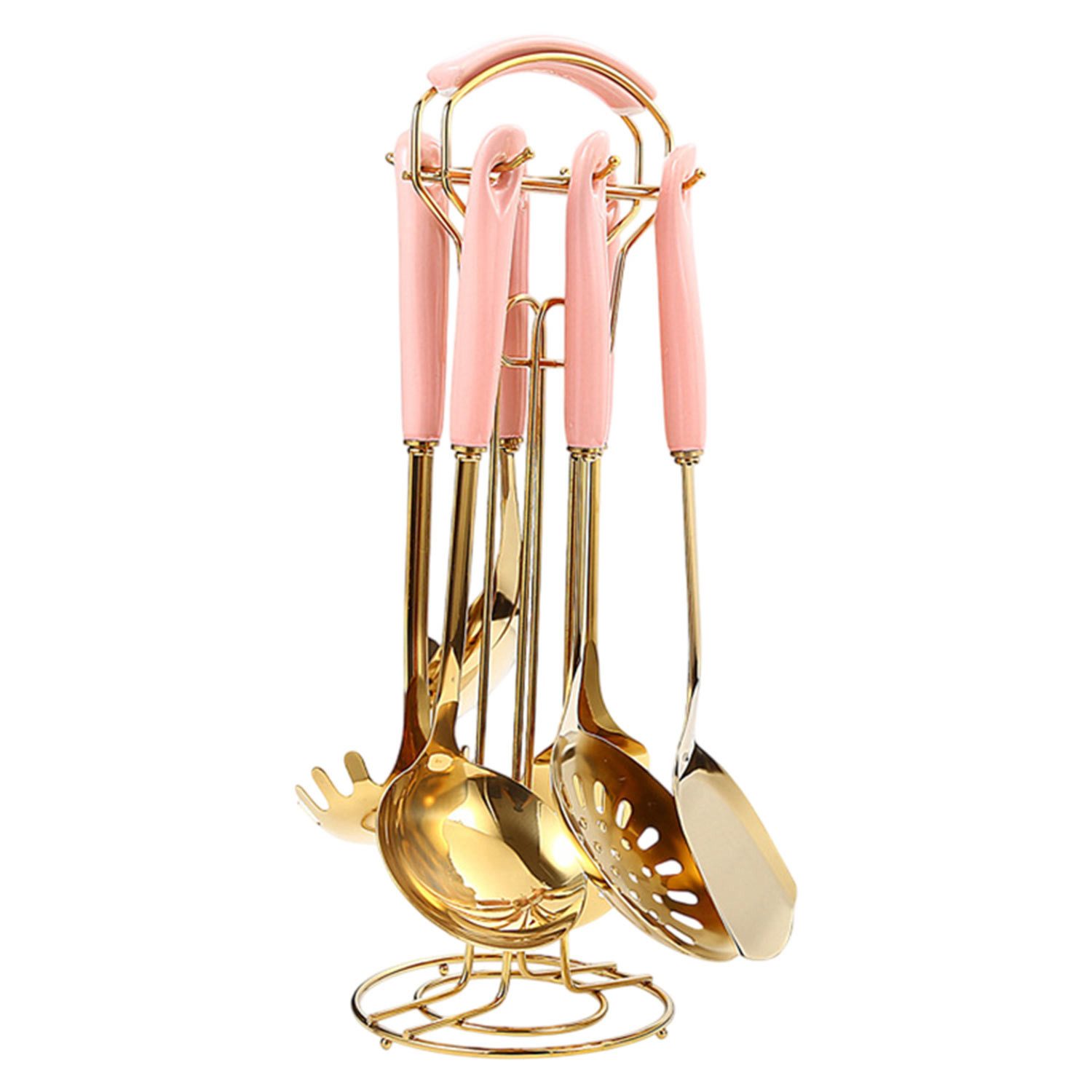 Refttenw Kochbesteck-Set Edelstahl Kochgeschirr-Set mit Ständern (7-tlg., Schaufel/Löffel/Ständer), Spülmaschinenfest, Goldbeschichtung Politur