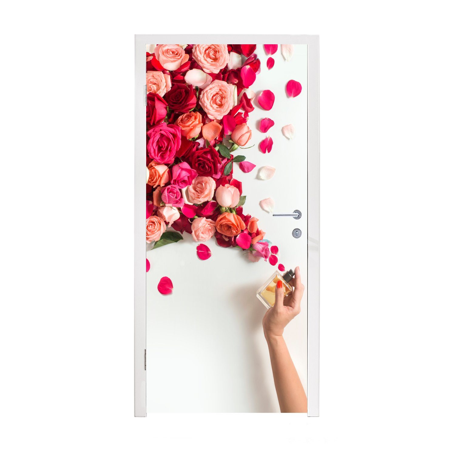 - Tür, St), Parfüm cm bedruckt, - Matt, 75x205 MuchoWow Türtapete Rosen Fototapete Türaufkleber, (1 Blumen, für