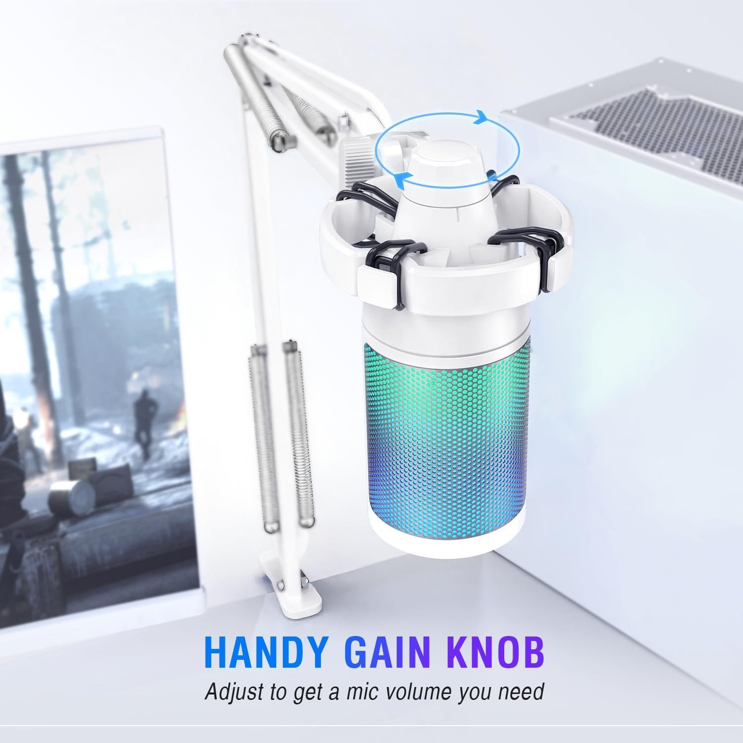 FIFINE Mikrofon USB Mikrofon Streaming mit Arm Kondensator Mikrofon Set PC Gaming RGB, Stummschalttaste, Popfilter und Stoßdämpferhalterung, Weiß