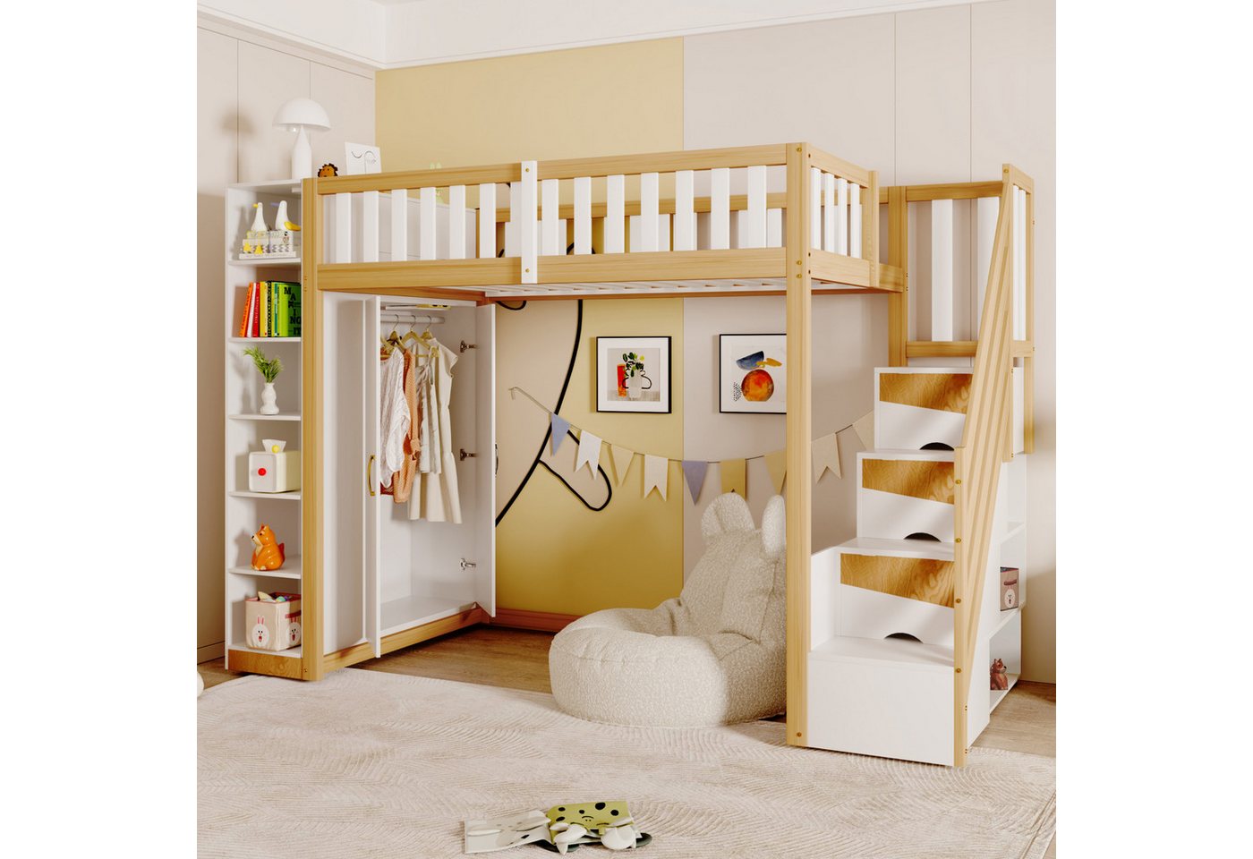 Merax Hochbett 90x200cm mit großem Kleiderschrank (1-St., Etagenbett Jugendbett Einzelbett) Kiefer Kinderbett mit Regalen, Aufbewahrungsschränken & Stauraumtreppe