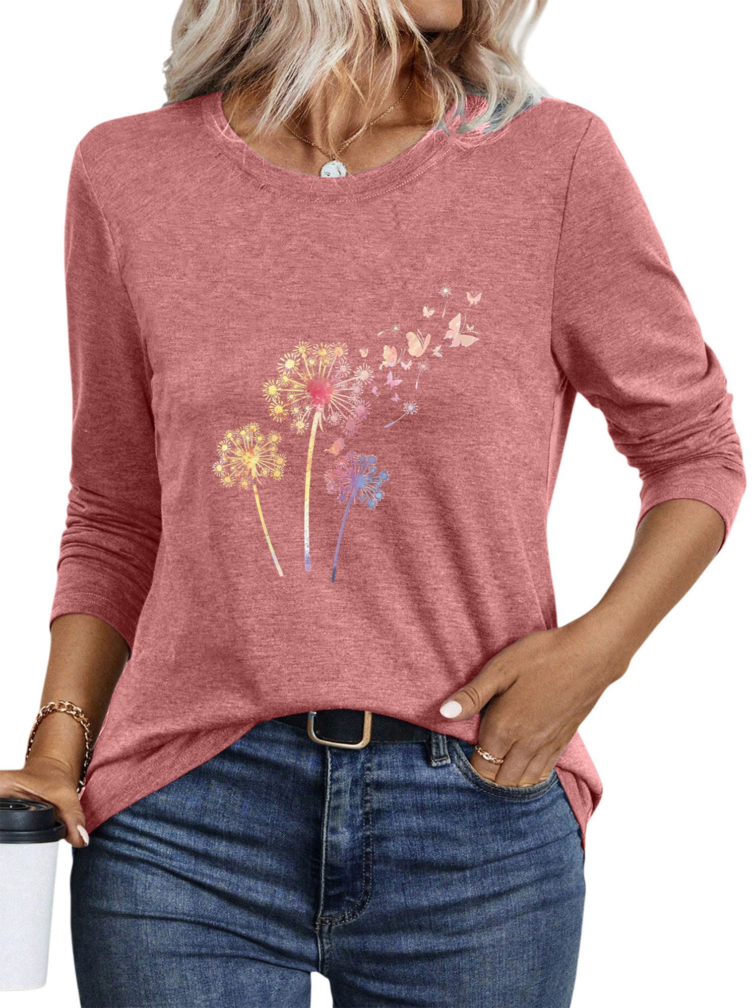 PYLIKE Longsleeve Damen Rundhalsausschnitt Longsleeve mit Löwenzahn Print-S günstig online kaufen