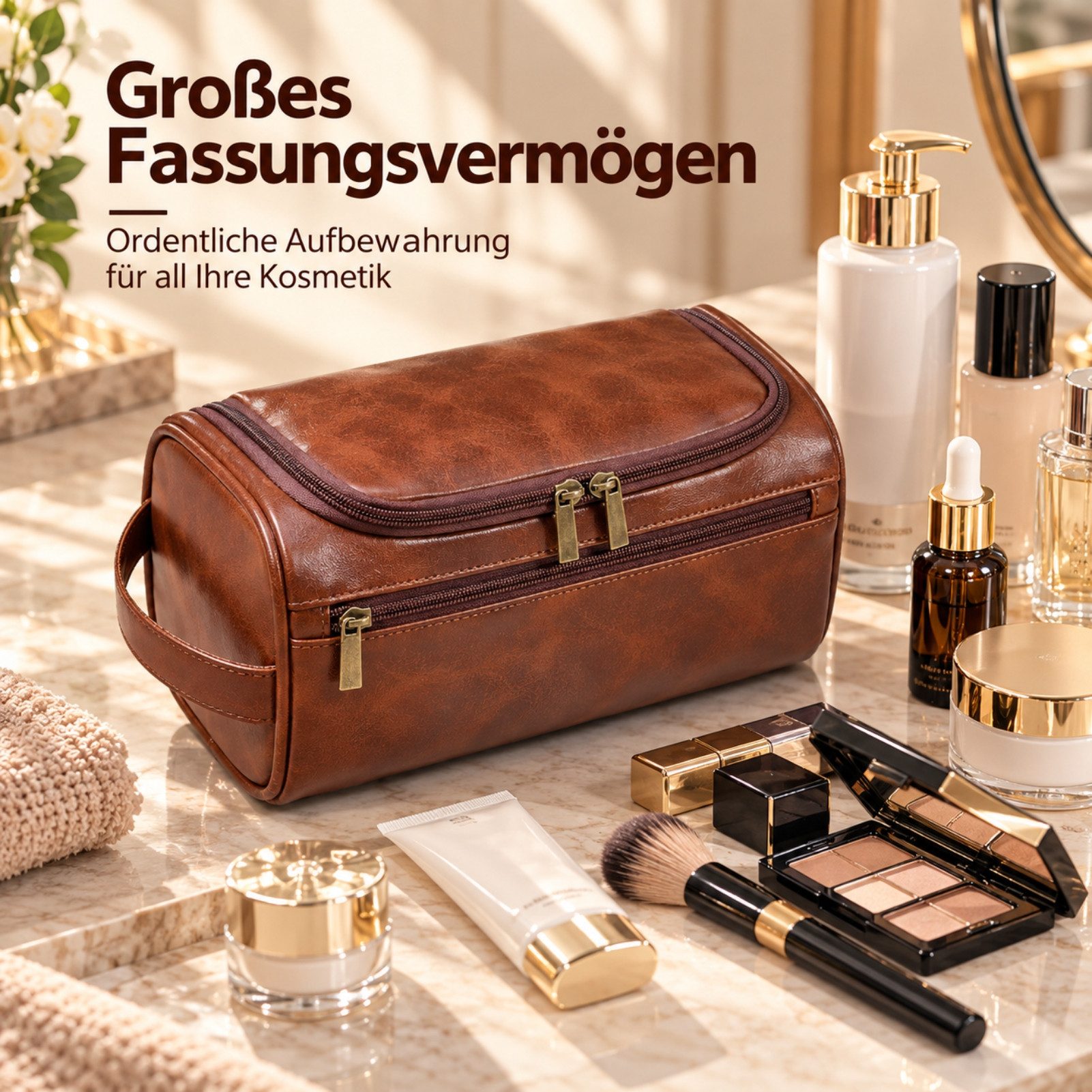Jumpeak Kulturbeutel kulturtasche damen,kulturtasche damen gross,kulturbeutel herren, PU-Leder, dreifaches Lederdesign,kulturbeutel damen,Brauner – Bild 2 von 5