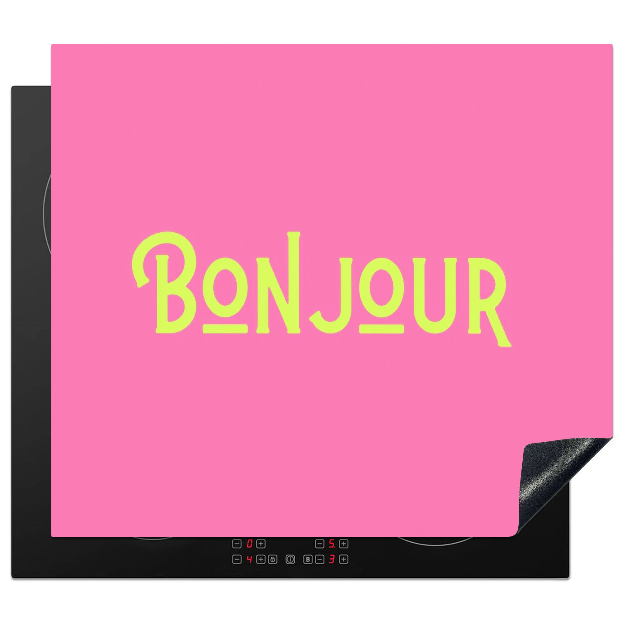 MuchoWow Herd-Abdeckplatte Rosa - Grün Bonjour - Art déco, Vinyl, (1 tlg), Ceranfeldabdeckung Küche, Herdabdeckplatte Einteilig, 59x51 cm
