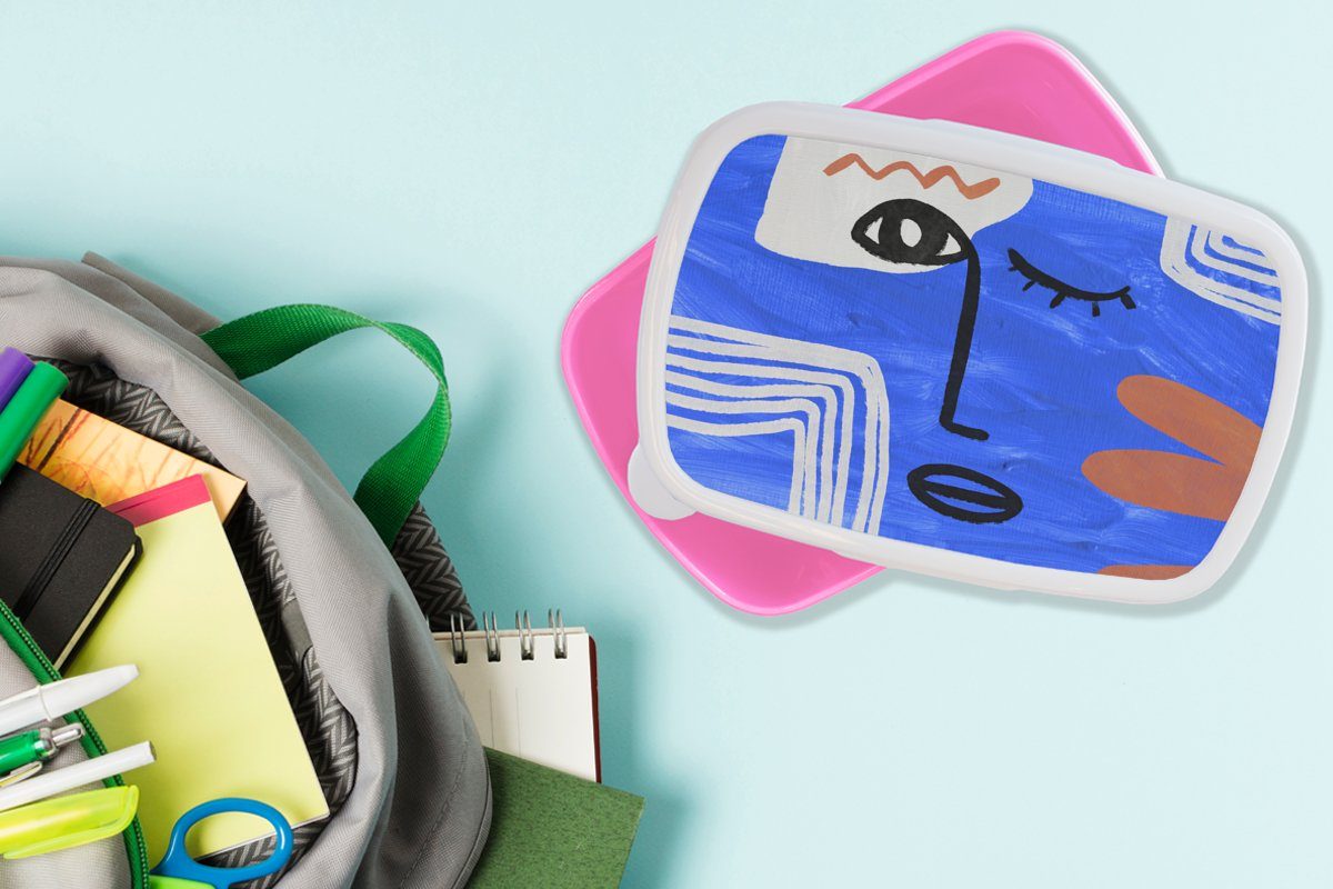 Erwachsene, Brotdose MuchoWow Kinder, - Kunststoff (2-tlg), rosa Snackbox, Abstrakt, Brotbox Blau Mädchen, Lunchbox für - Gesicht Kunststoff,