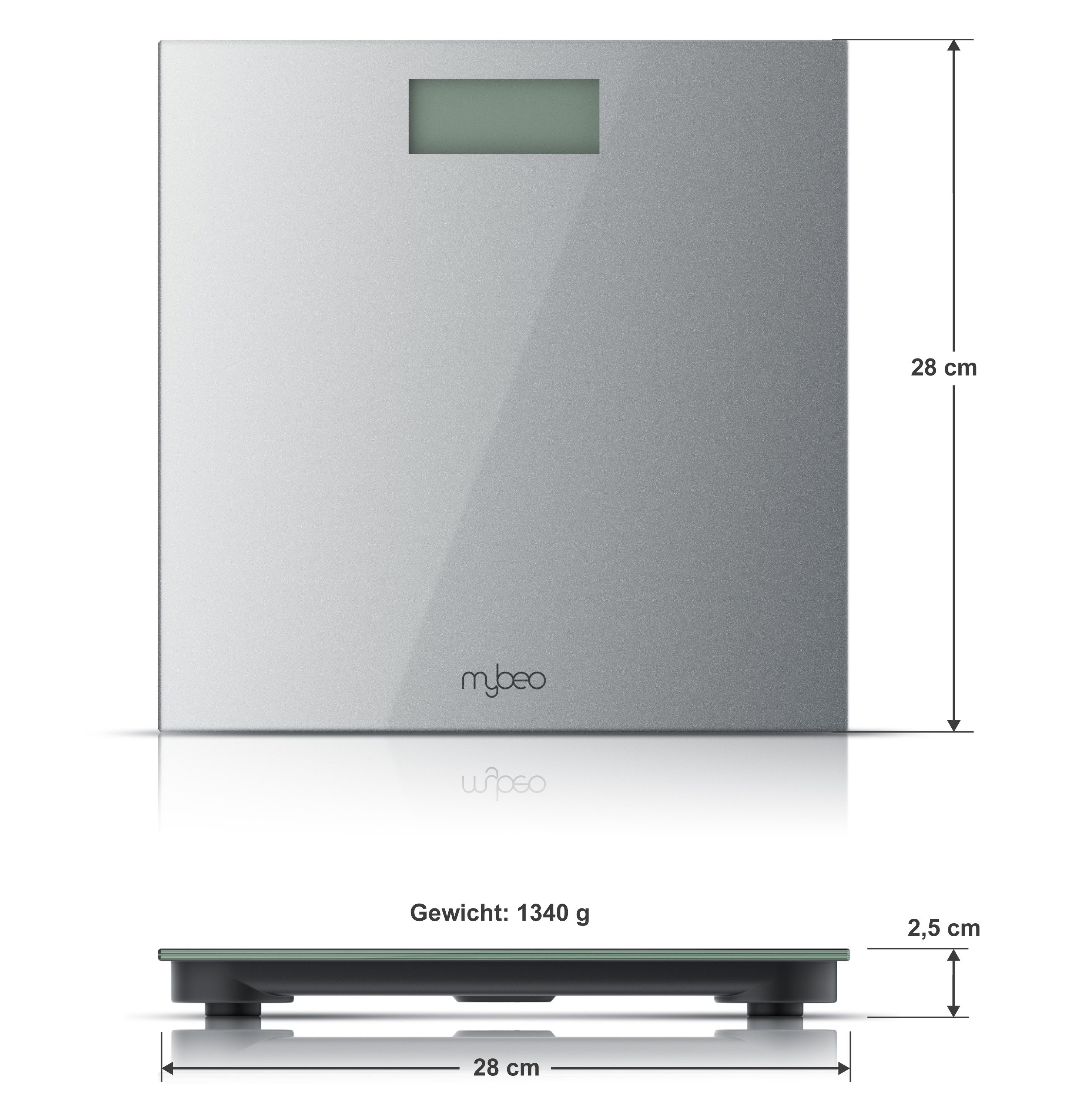MyBeo Personenwaage digitale Waage für Personen, große Trittfläche aus 6mm Sicherheitsglas, 1-tlg., Badezimmer Digitalwaage, schmales Design, max. Belastung über 150 kg