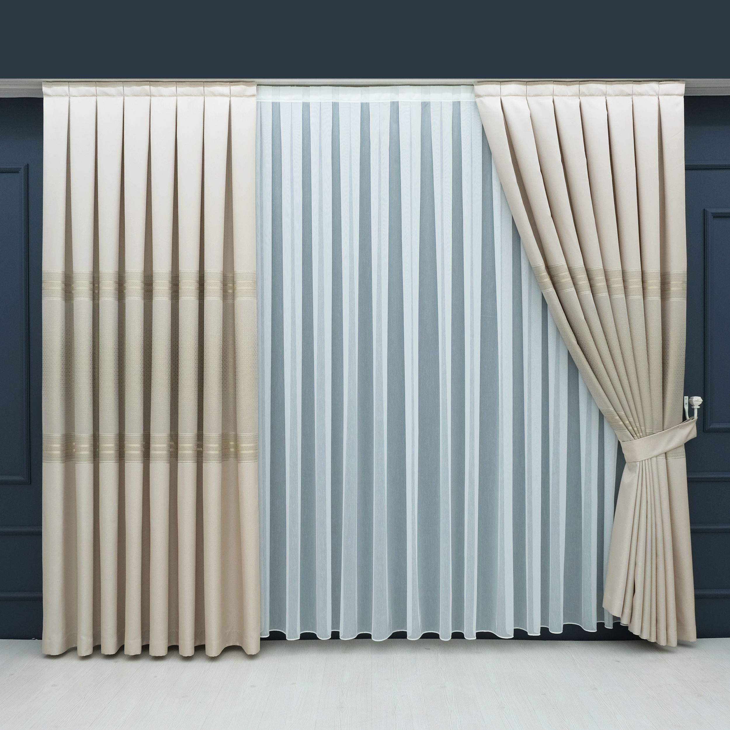 Gardinen by Justyna Vorhang Komplett-Set Vorhang Beige – Falten mit Store (5 St), Kräuselband, halbtransparent, Fertiggardine, Halbtransparent, Faltenband, Komplett-Set, Pflegeleicht