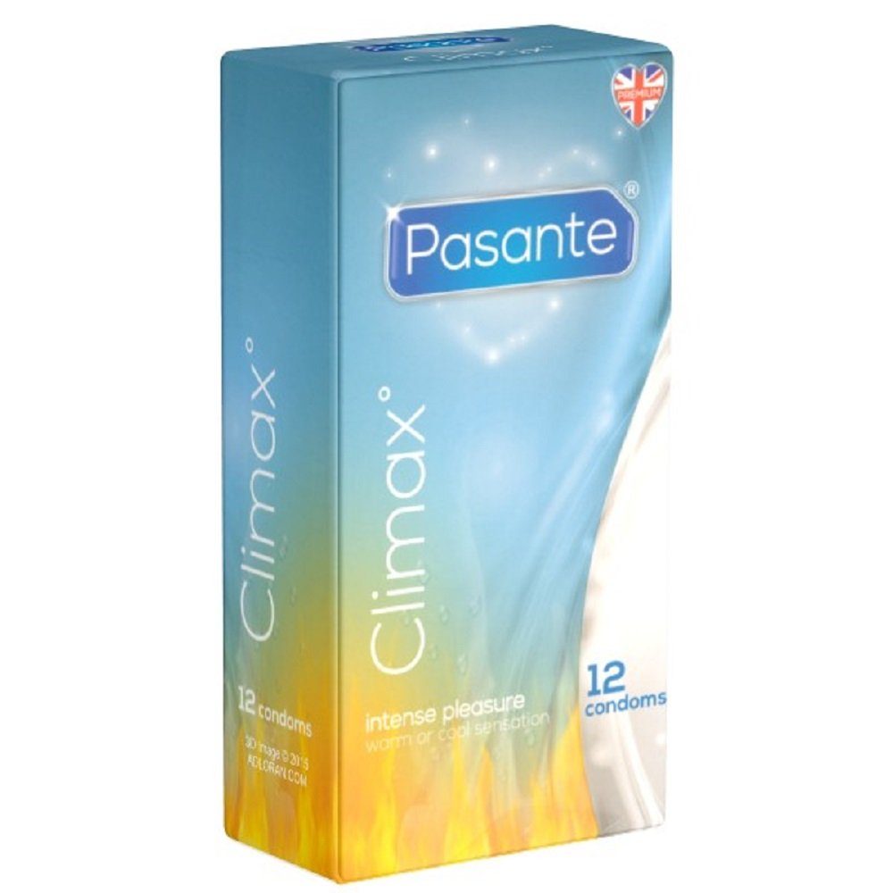 Pasante Kondome Pasante «Climax» gerippte Kondome mit Spezialbeschichtung  (wärmend und kühlend) Packung mit, 12 St., ausgeprägte Rippen und  Thermo-Effekt für extra intensiven Genuss