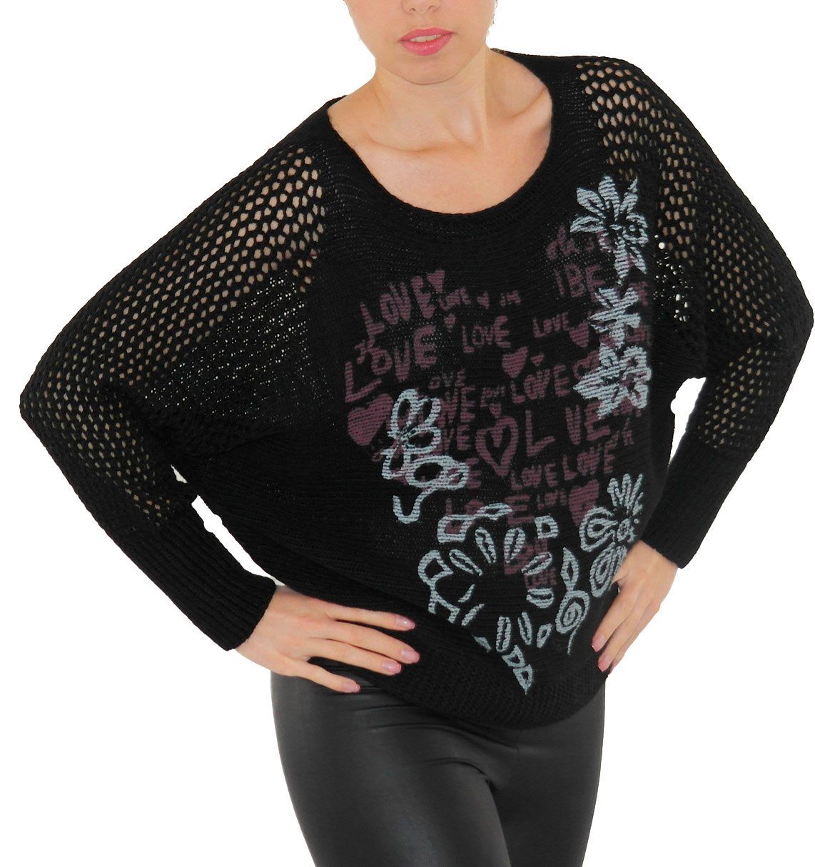 Pullover Strick leicht YESET Pulli Love-Blumen Wolle Longpullover Top-Netz schwarz