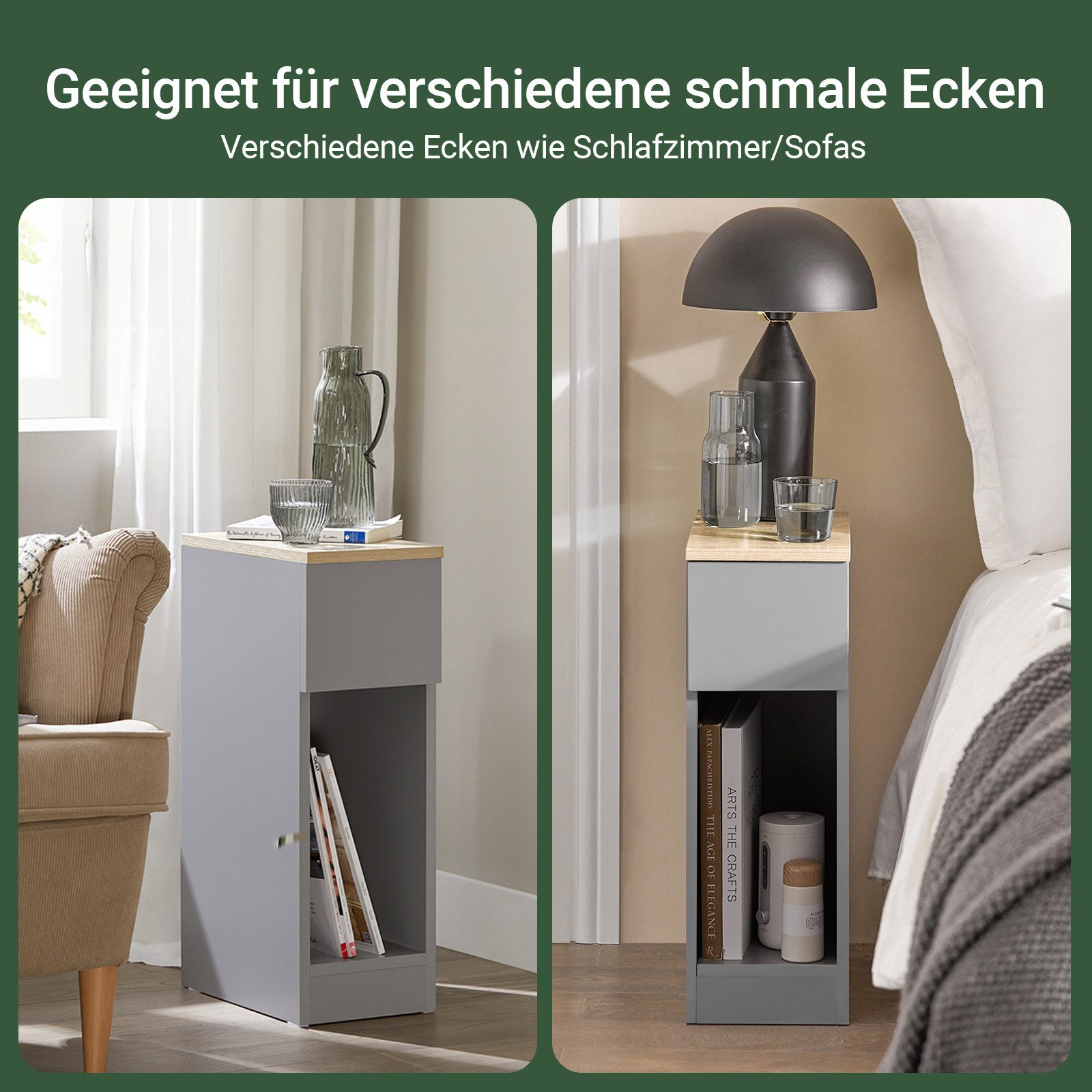 SoBuy Nachttisch FBT111, Nachtschrank kleiner Beistelltisch 20cm Breite, Nightstand, Nachttisch schmal, mit Schublade, Schlafzimmer Wohnzimmer kleine Räume