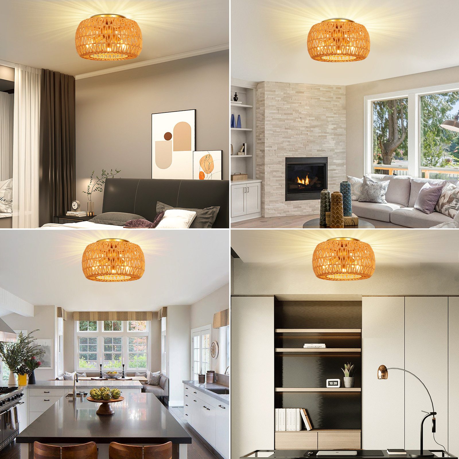 Rosnek Pendelleuchte Deckenleuchte Esszimmer aus Rattan, 3x E27, 40 W, Halogen, Boho Rattan Style for Dining Room & Living Room