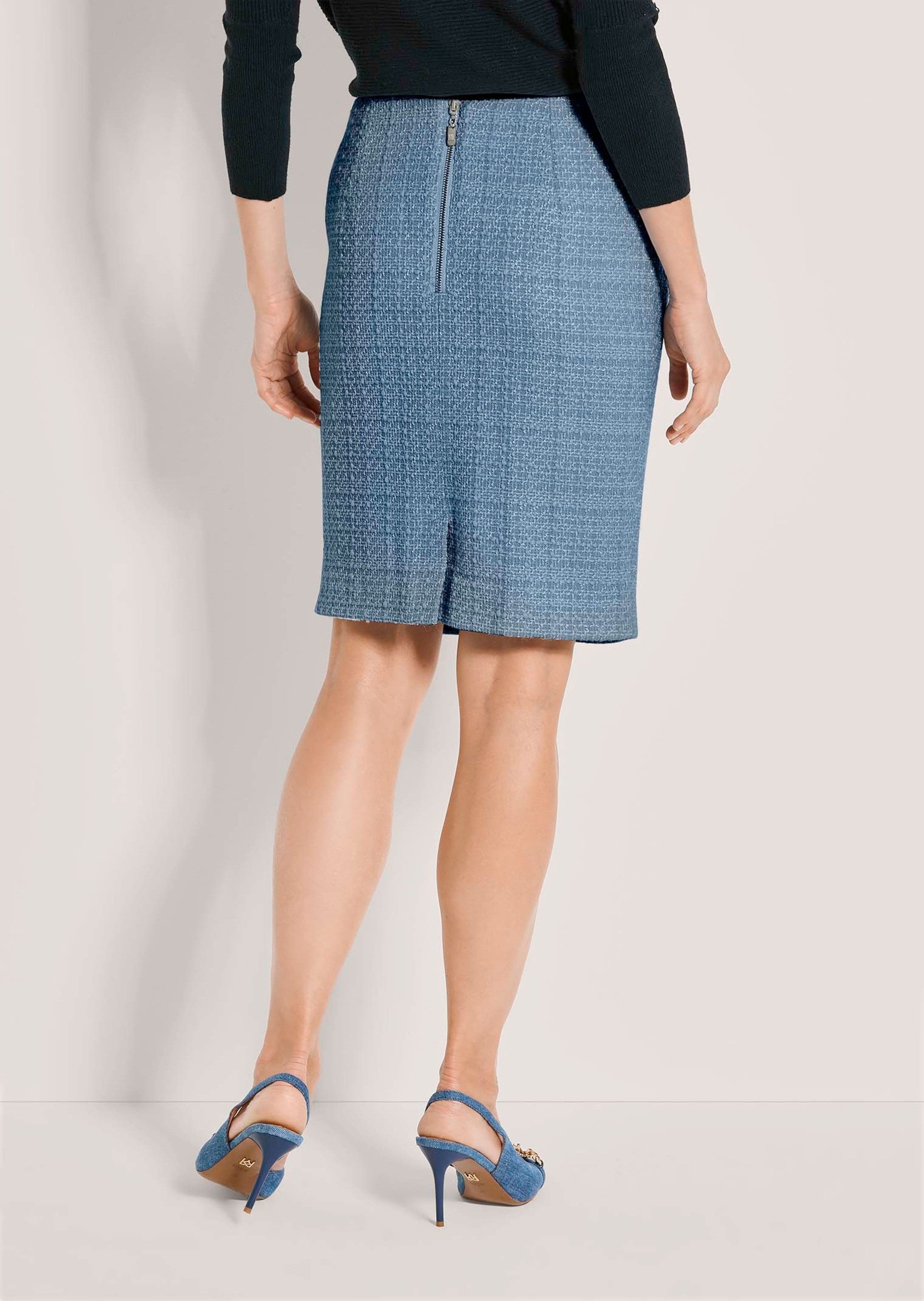 MADELEINE Bleistiftrock Bleistiftrock in Tweed-Optik Midirock ohne Bund mit Reißverschluss, Gehschlitz und Knielänge