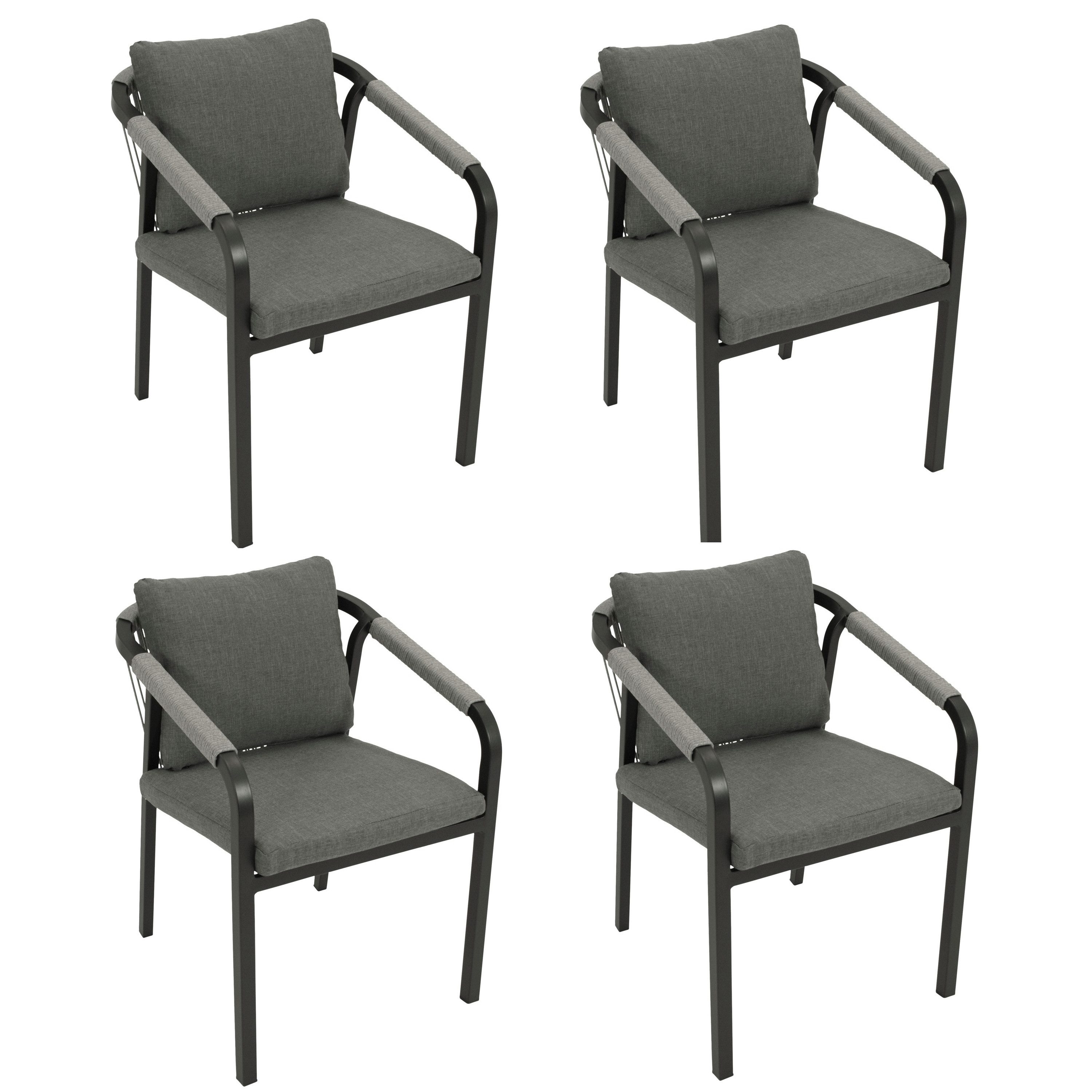 DEGAMO Gartensessel LYON (4er Set), Alu anthrazit + Rope grau, mit Polstern, stapelbar