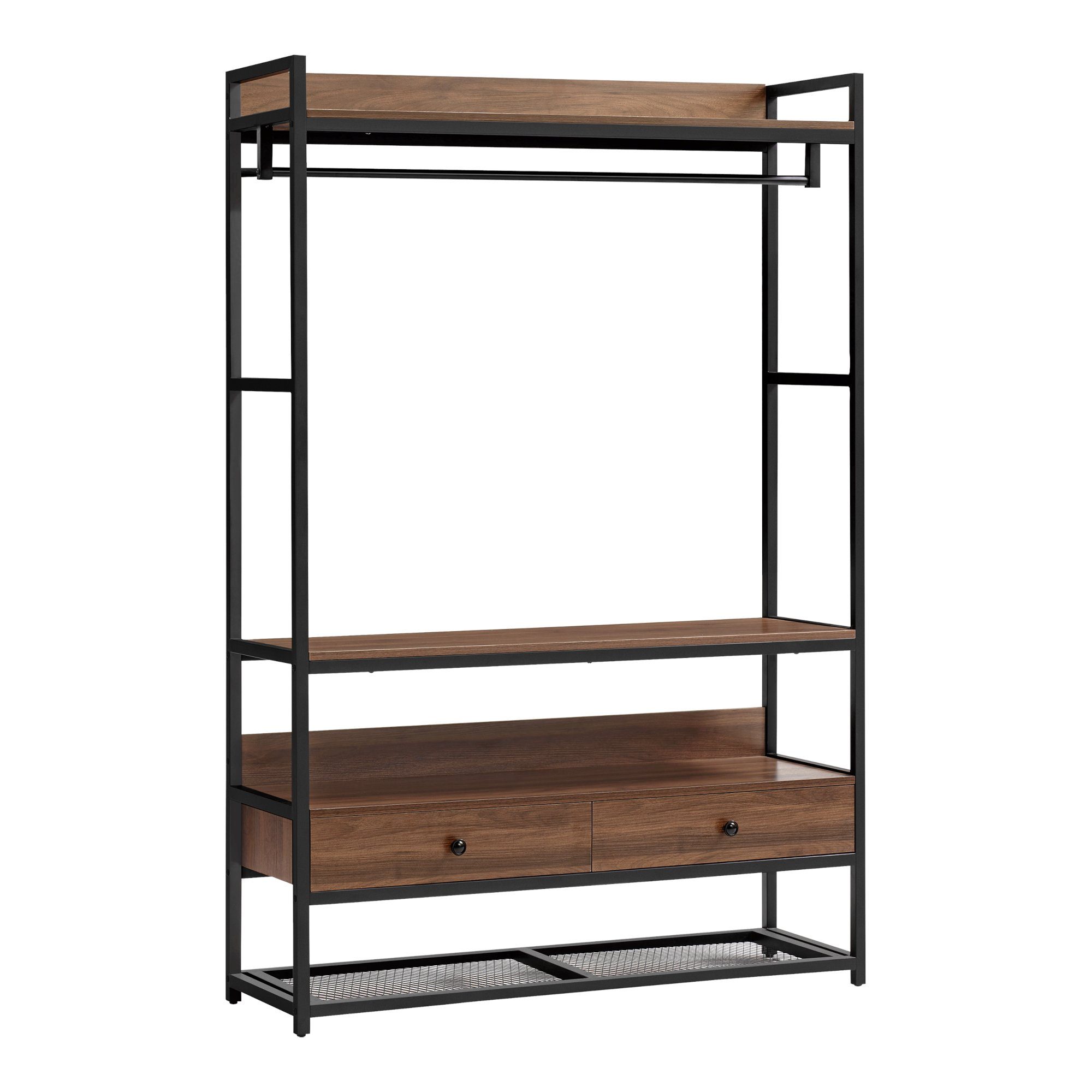 en.casa Вешалки, »Isen« 1 Stange, 4 Ablagen, 2 Schubladen 180x120x40cm Schwarz/Walnuss