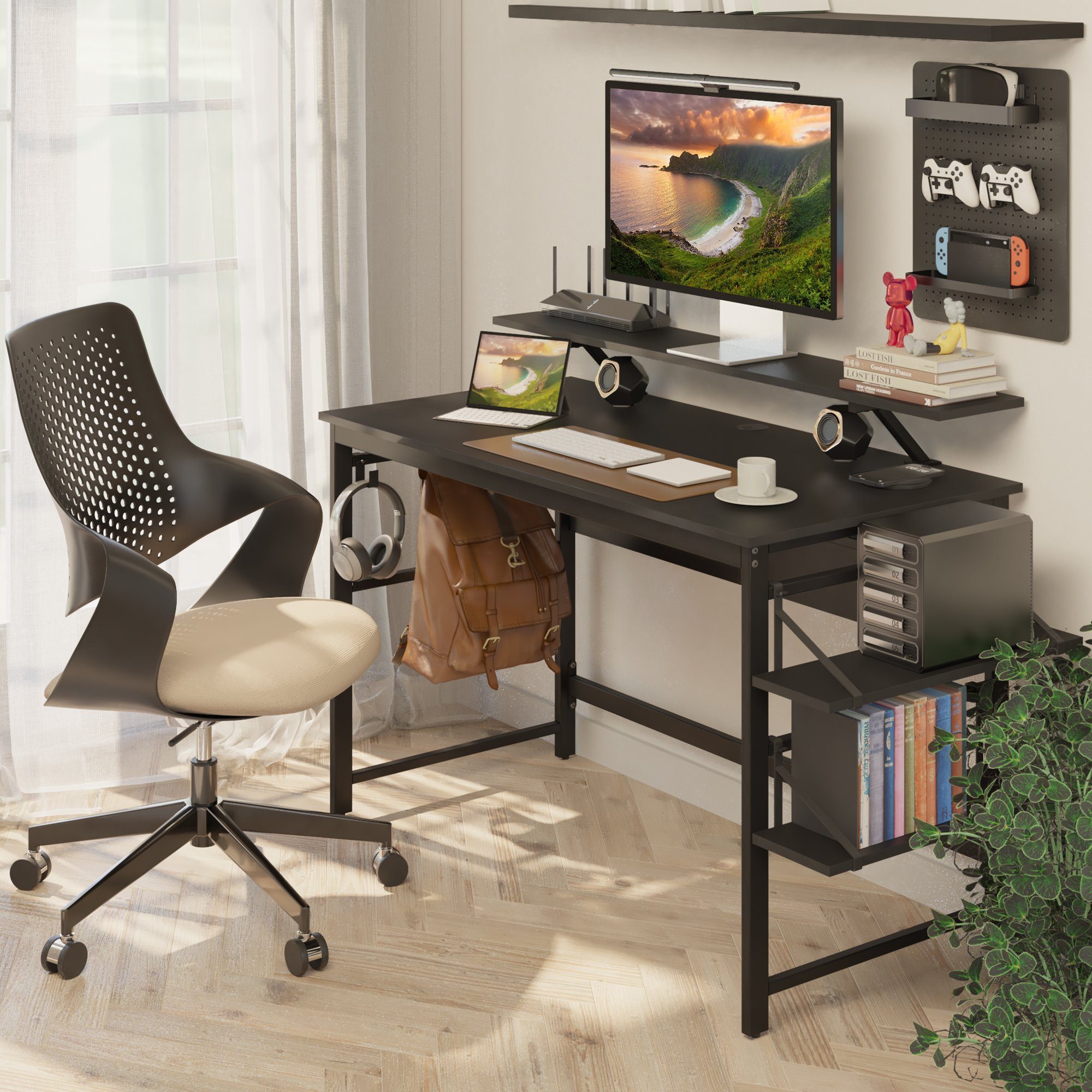 Mondeer Schreibtisch Computertisch, 2 Monitorständer Schwarz Schwarz 120cm, Ablagefächern, | mit Abnehmbarer