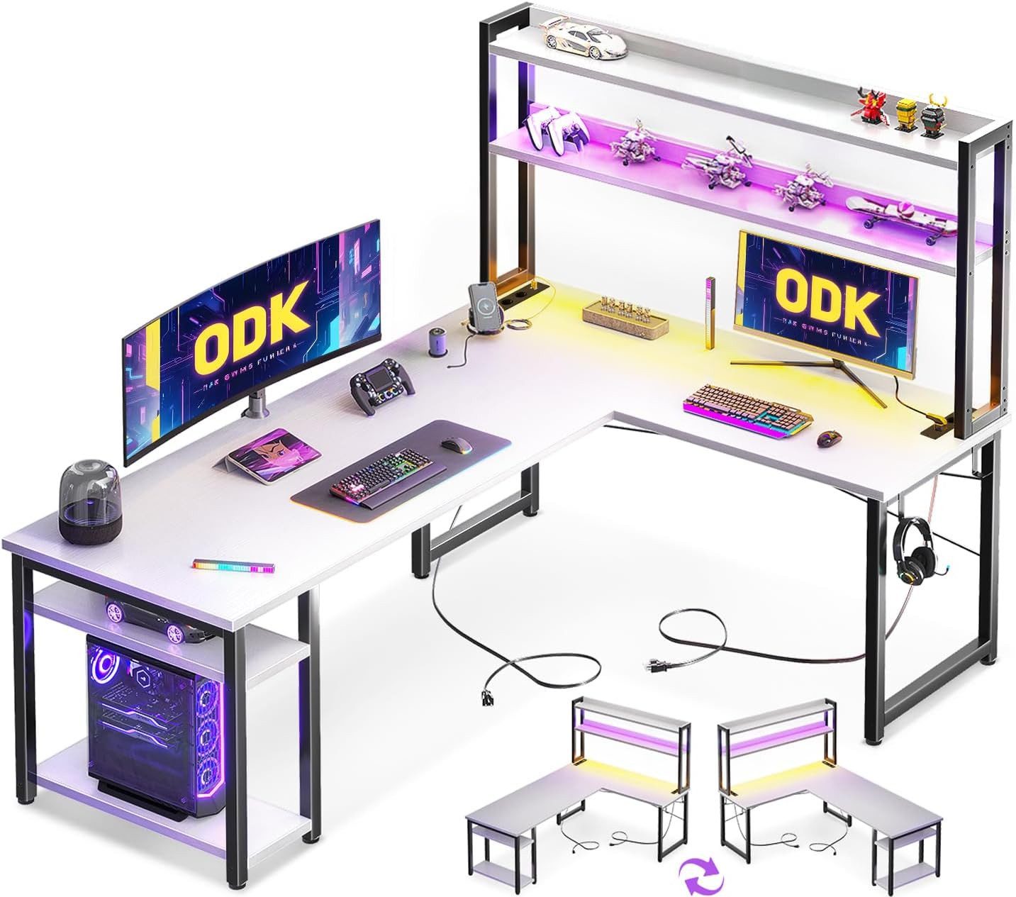 ODK Eckschreibtisch mit Stall, Reversibel Gaming Tish L Form mit LED (1-St) günstig online kaufen