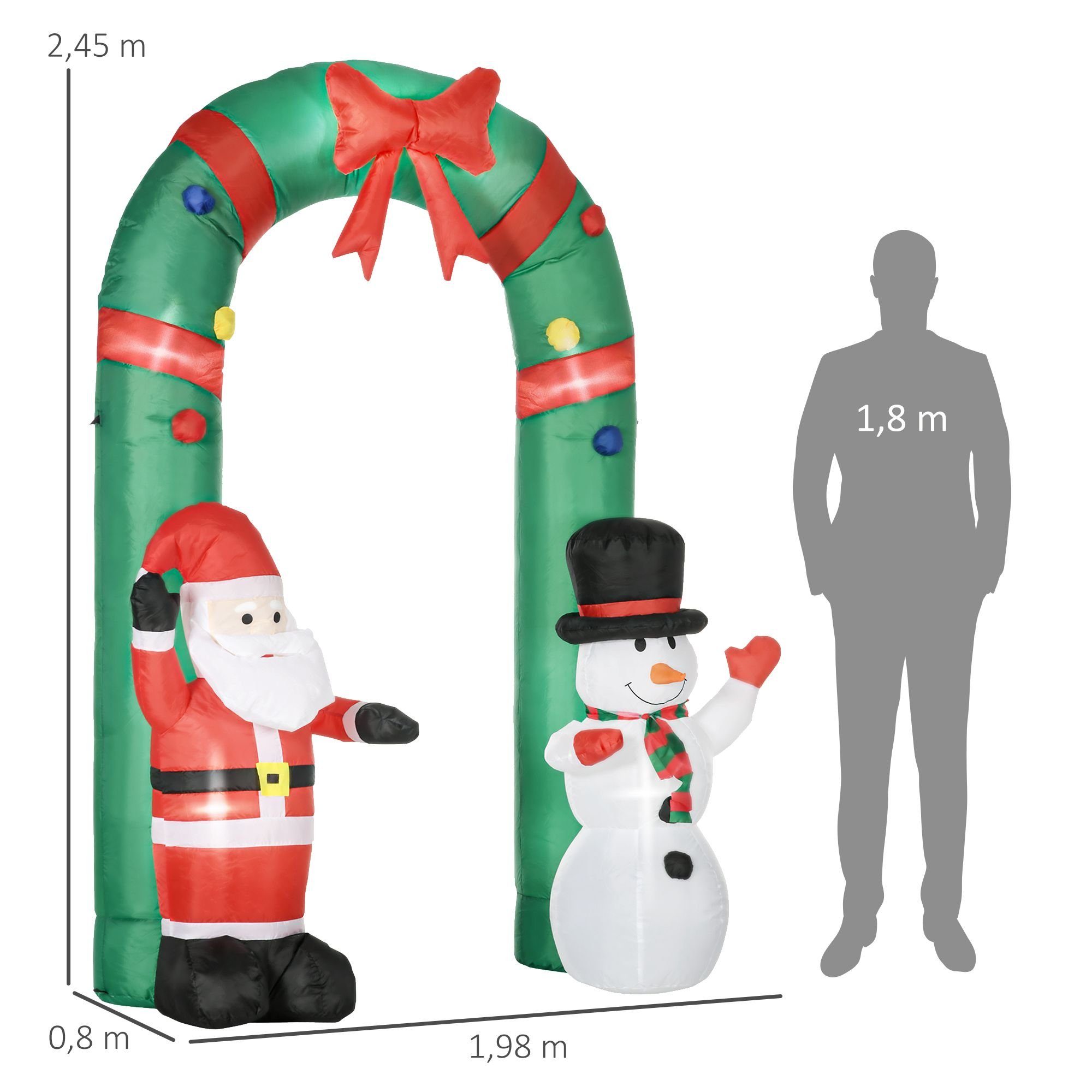 HOMCOM Weihnachtsfigur Weihnachts-Torbogen Outdoor-Dekoration mit LED-Lichtern für Garten (Gartendeko, 1 St., Aufblasbarer Weihnachtsdeko), Mehrfarbig 198 x 80 x 245 cm