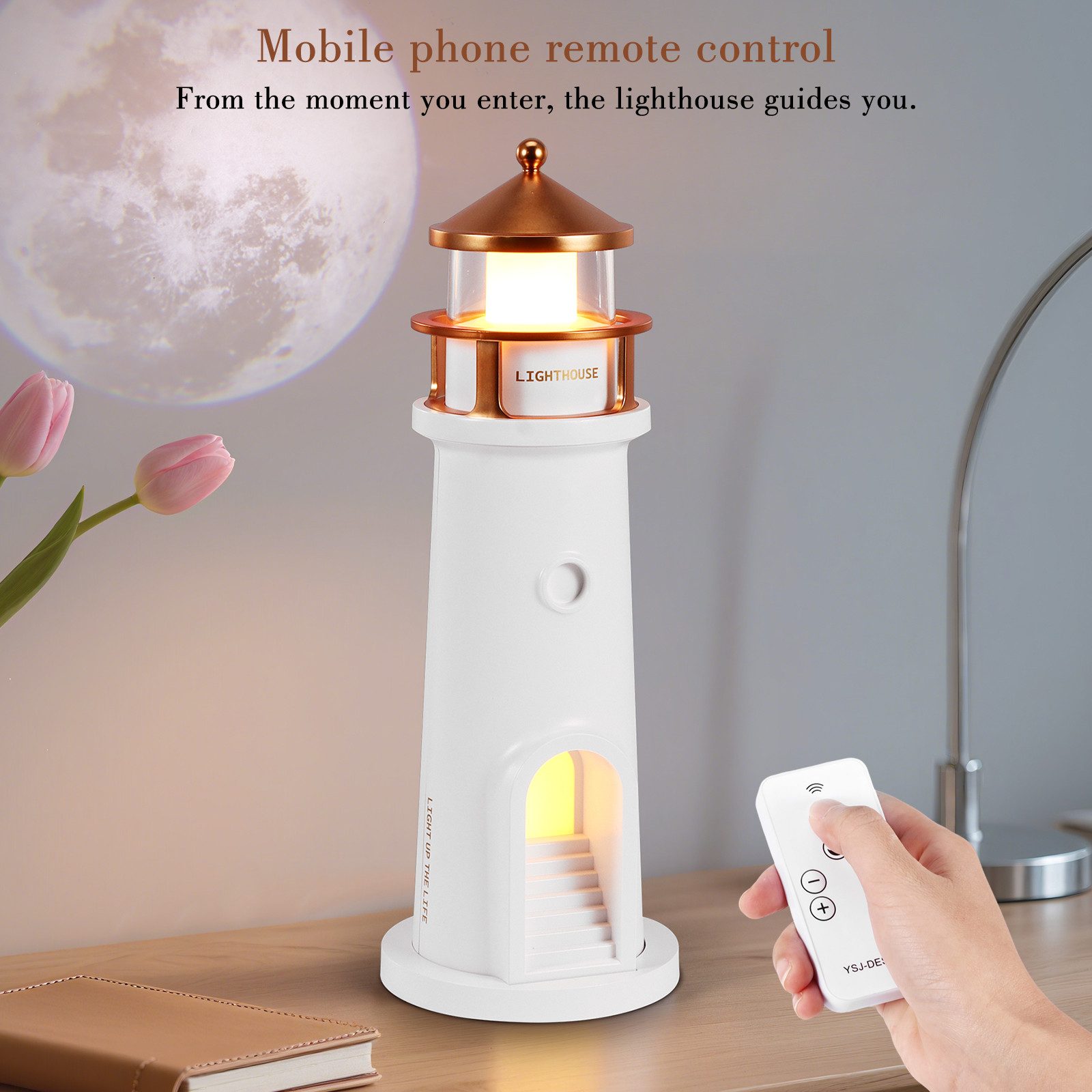 BlingBin Nachtlicht Leuchtturm Lampe, Projektion Leuchtturm Lampe, Tischleuchte, mit Bluetooth-Fernbedienung, LED fest integriert, warmes Licht, Tischleuchte Leuchtturm Geschenk,für Wohnzimmer Weihnachten Geburtstag