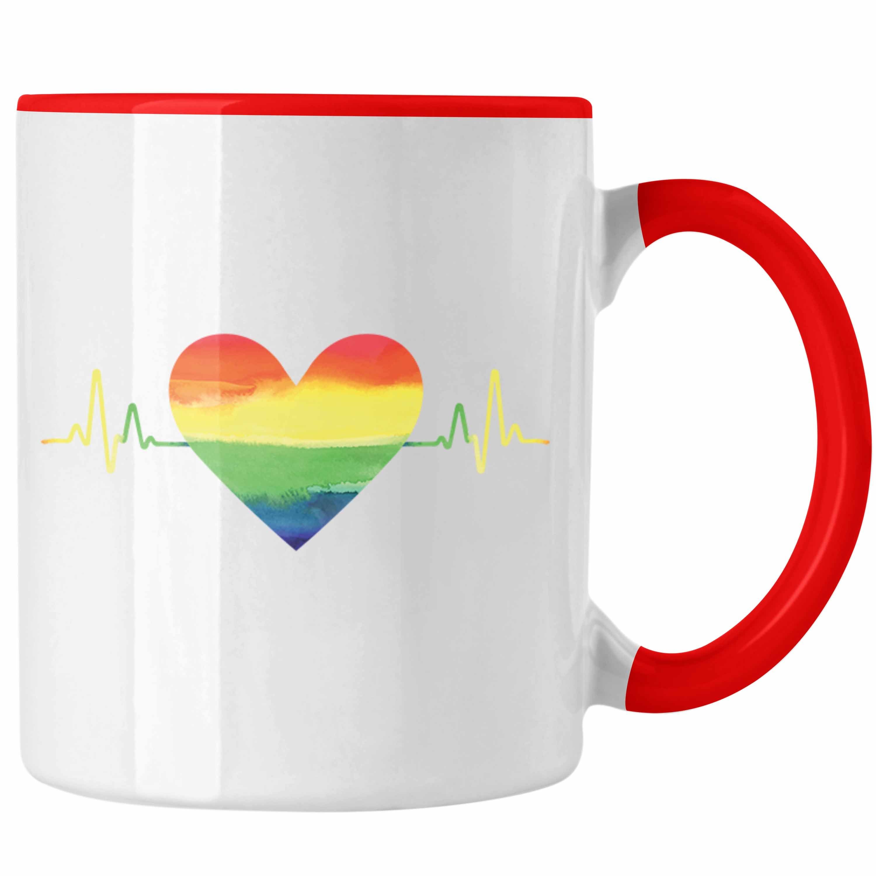 Trendation Tasse Trendation - Regenbogen Tasse Geschenk LGBT Schwule Lesben Transgender Grafik Pride Herzschlag Rot