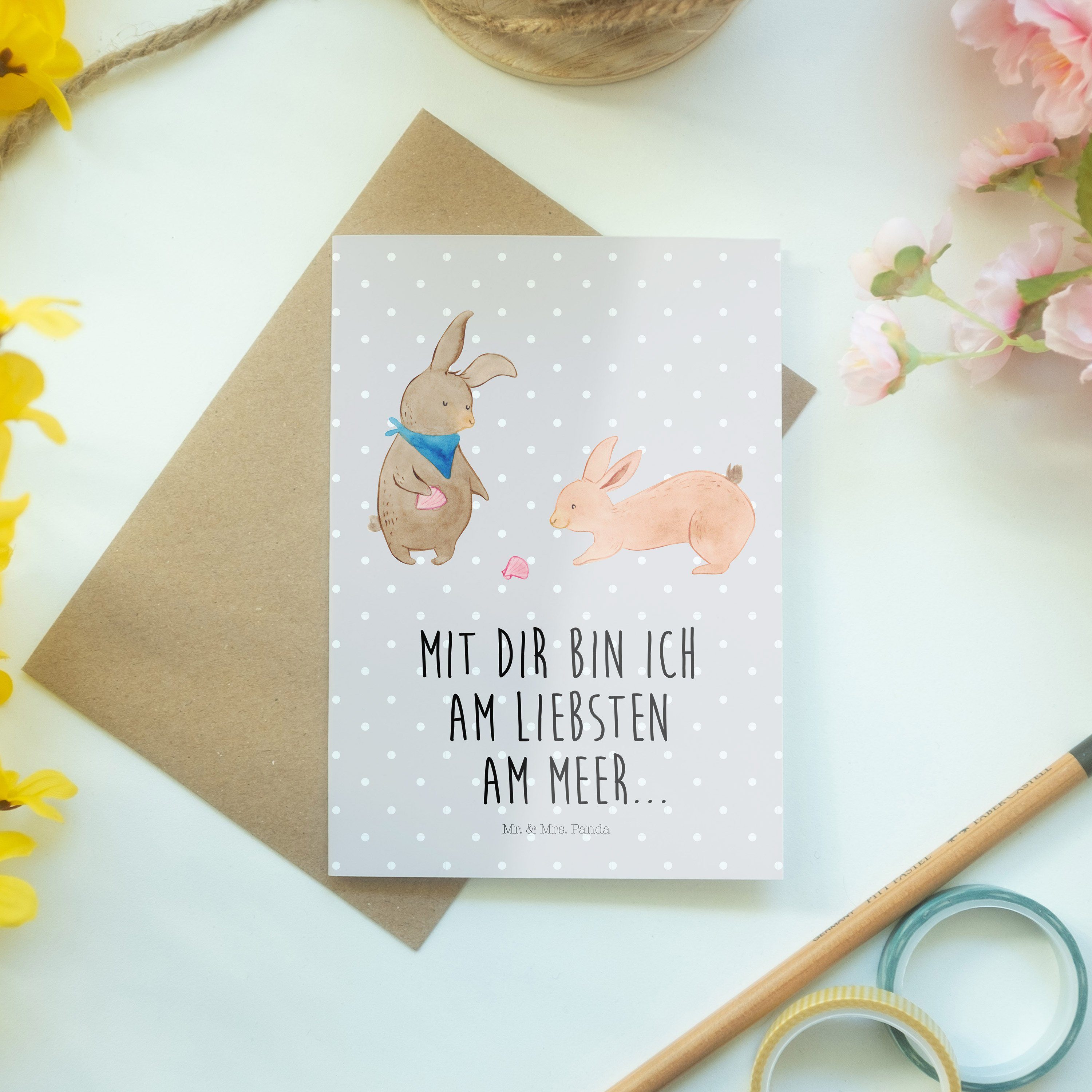Mr. & Mrs. Hasen Grußkarte - - best Geschenk, Panda friends, Grau Hochzeitskarte Pastell Muschel