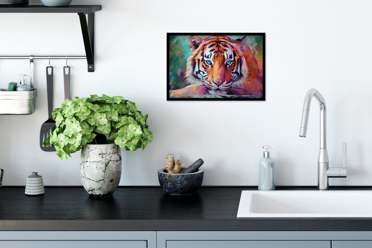 MuchoWow Poster Tiger - (1 Ölfarbe Wanddeko, Gerahmtes Kunst, St), Schwarzem - - Poster, Bilder, Wandposter, Bilderrahmen Tiere