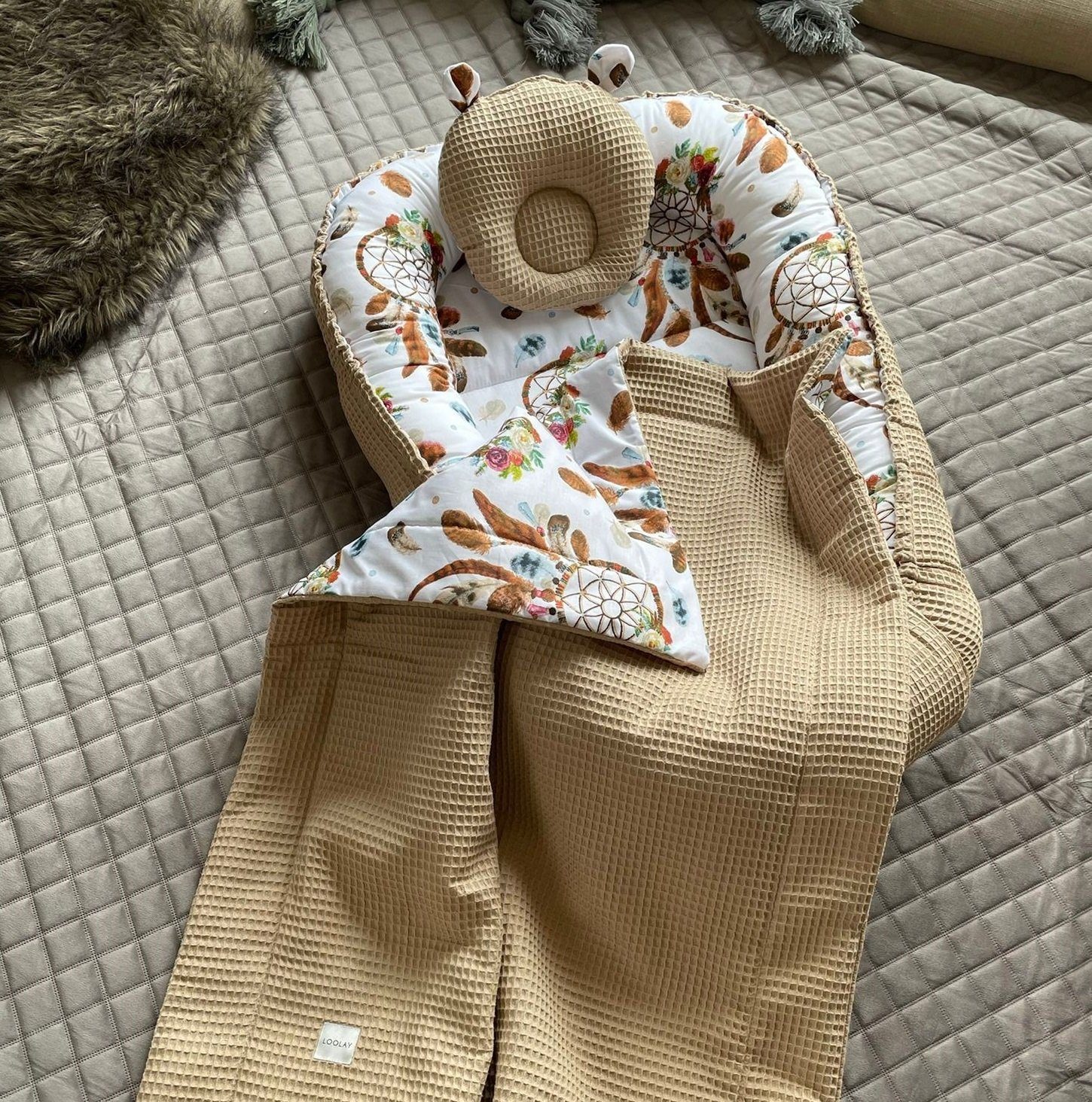 Bettnestchen Traumfänger BOHO/Waffelpique TAUPE Babynest Babyaustattung Neugeborene