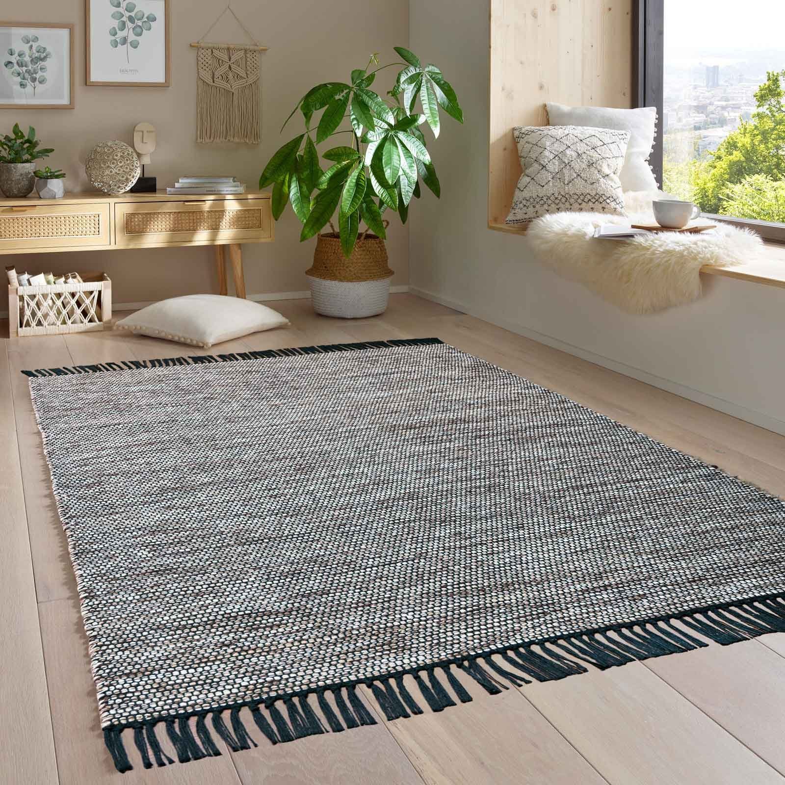 TaraCarpet, Wollteppich Küche Baumwolle, 080x150 nachhaltig modern braun rechteckig, Wohnzimmer gewebt 100% Borkum Baumwolle mm, cm 5 Handwebteppich Höhe: