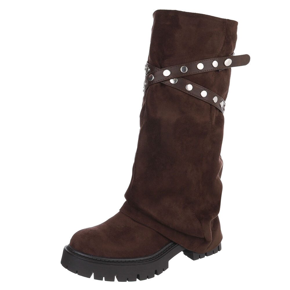 Ital-Design Damen Kniehoher Stiefel mit Nieten-Details und Profilsohle Plateaustiefel (92299613) Blockabsatz Stiefel in Braun