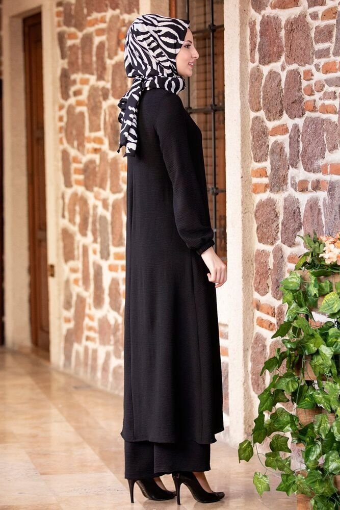 Damen Modavitrini mit Kleidung Anzug Stoff Hijab Longtunika Zweiteiler Hose Aerobin Schwarz Tunikakleid