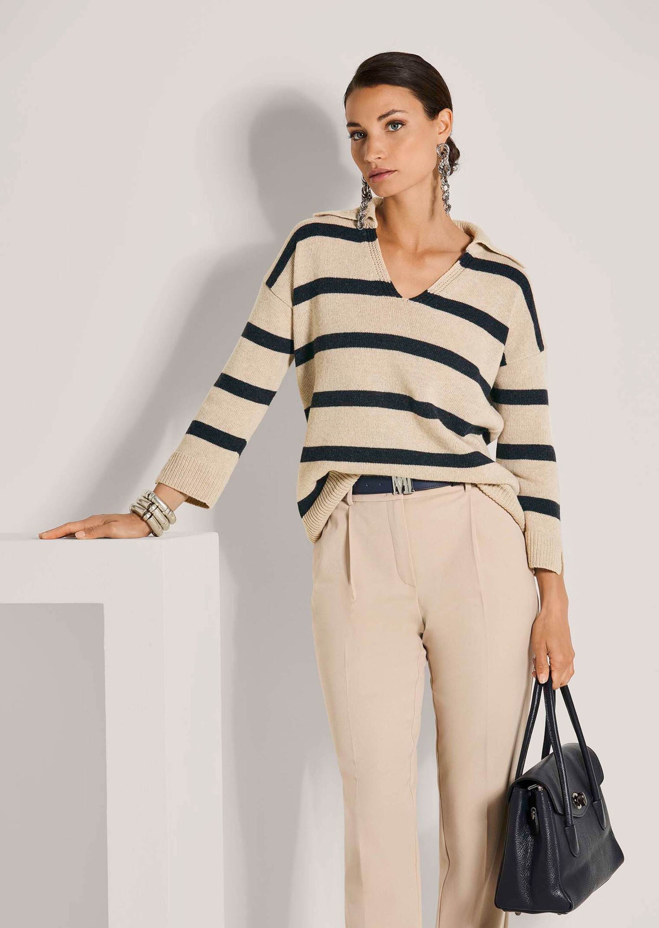 MADELEINE Strickpullover Stilvoller Wollpullover mit Polokragen Pullover in maritimen Ringel-Look mit V-Ausschnitt und 3/4-Ärmeln