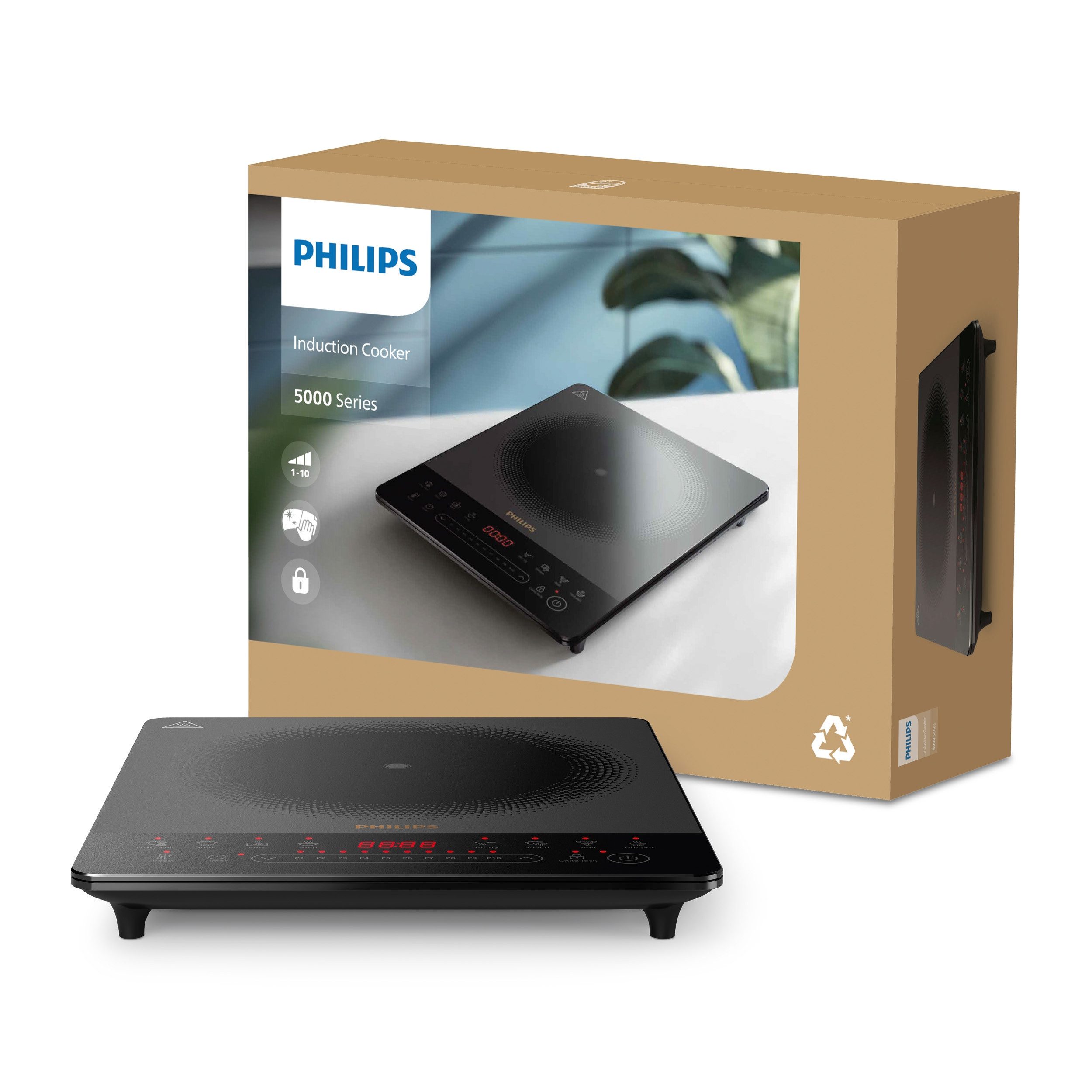 Philips Einzel-Induktionskochplatte HD5850/90 5000 Series mit 10 Heizstufen, Boost-Funktion u. Timer, Ultraflaches Design, automatische Pfannenerkennung, Touch-Display