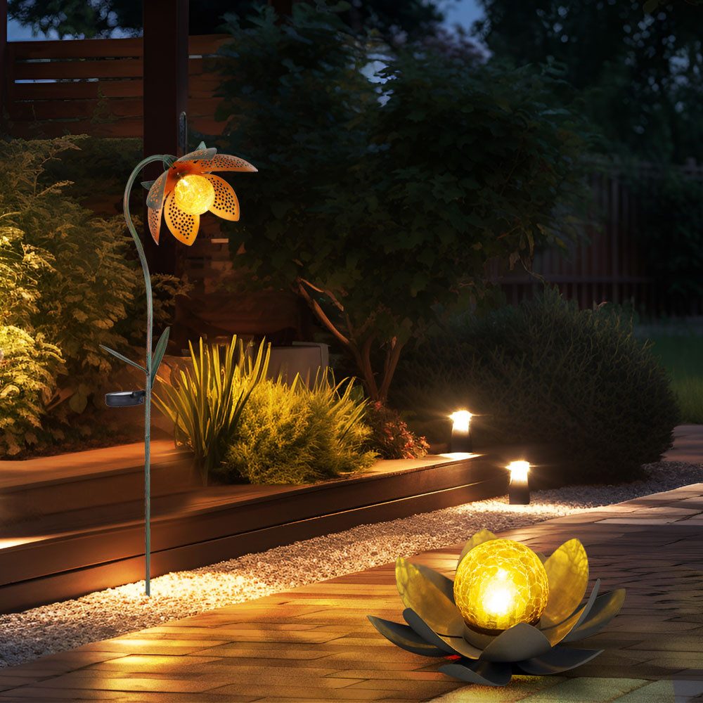 Globo LED Solarleuchte, LED-Leuchtmittel fest verbaut, Kaltweiß, Solardeko Außenlampe Blume Lotusblüte Erdspieß Gartenlampe 2er Set