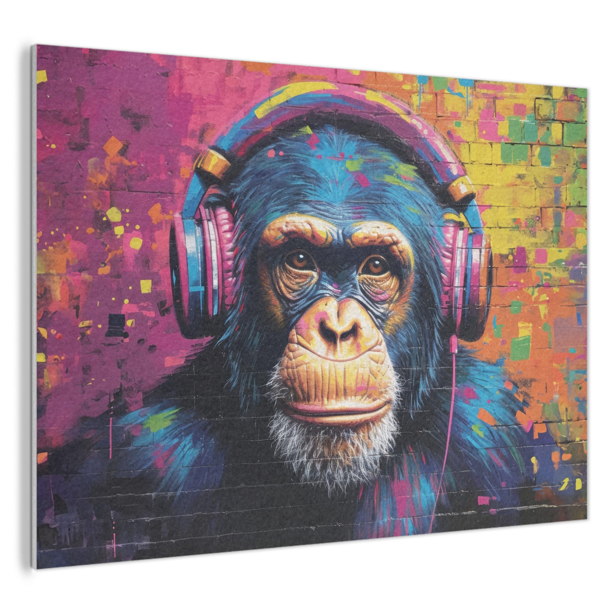 MuchoWow Gemälde Graffiti - Schimpanse - Straßenkunst - Kopfhörer - Affe, Fotodruck (1 St), Wandkreis, Wandpaneele, Groß, Schalldämmung, Akustikbilder 120x90 cm