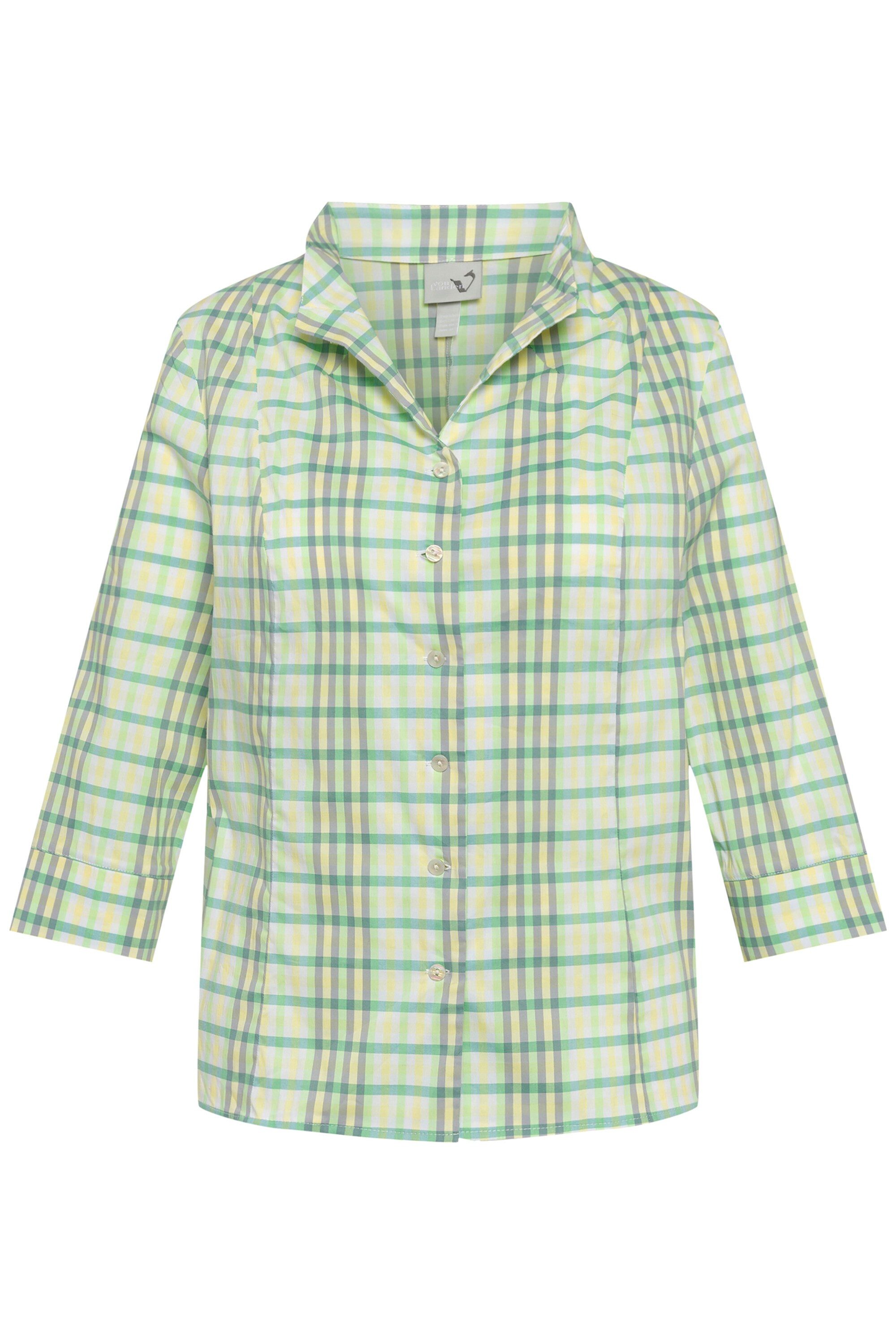 Ulla Popken Longbluse Bluse Karo Slim Kelchkragen V-Ausschnitt 3/4-Arm