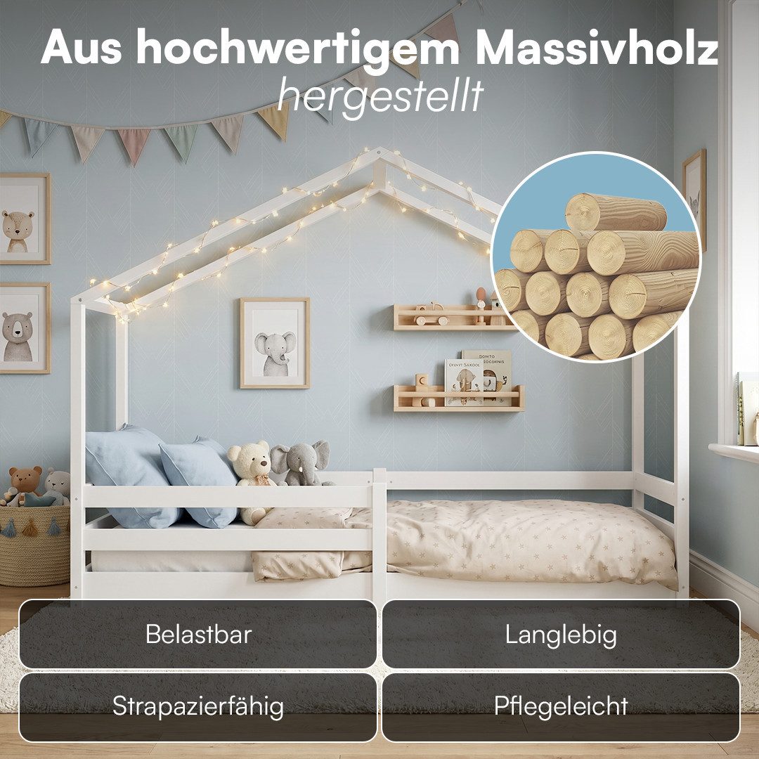 Bellabino Hausbett Abia Kinderbett mit Lattenrost und Rausfallschutz (weiß, mit Matratze), bodentiefes Kinderbett 90x200 cm, auch verfügbar in 120/140x200 cm – Bild 5 von 5