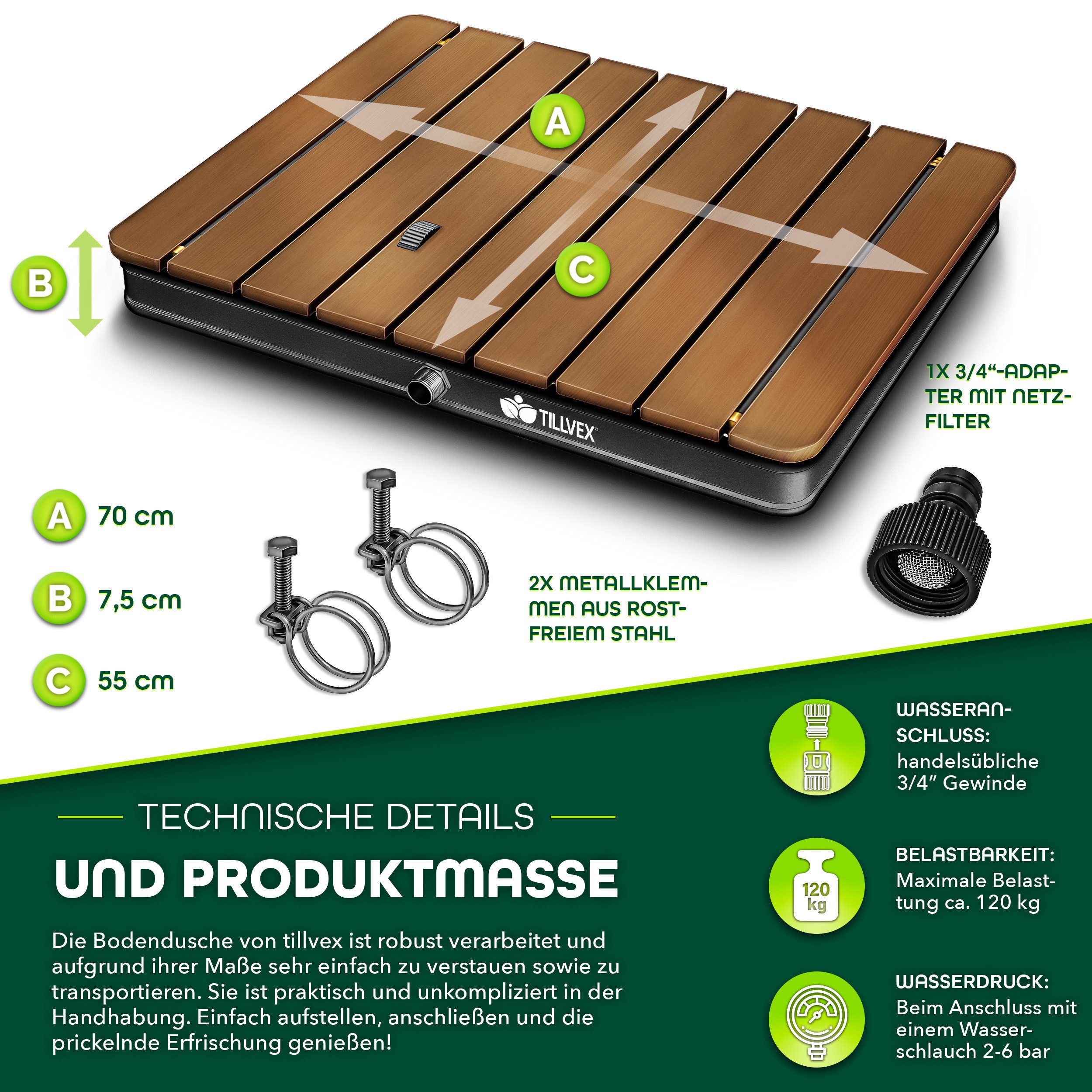 tillvex Gartendusche Outdoor bis 4 m Fontänenhöhe Bodendusche (Campingdusche aus Aluminium/WPC/Holzoptik), mit Fußrad Außendusche rutschfest Saunadusche wetterf – Bild 4 von 5