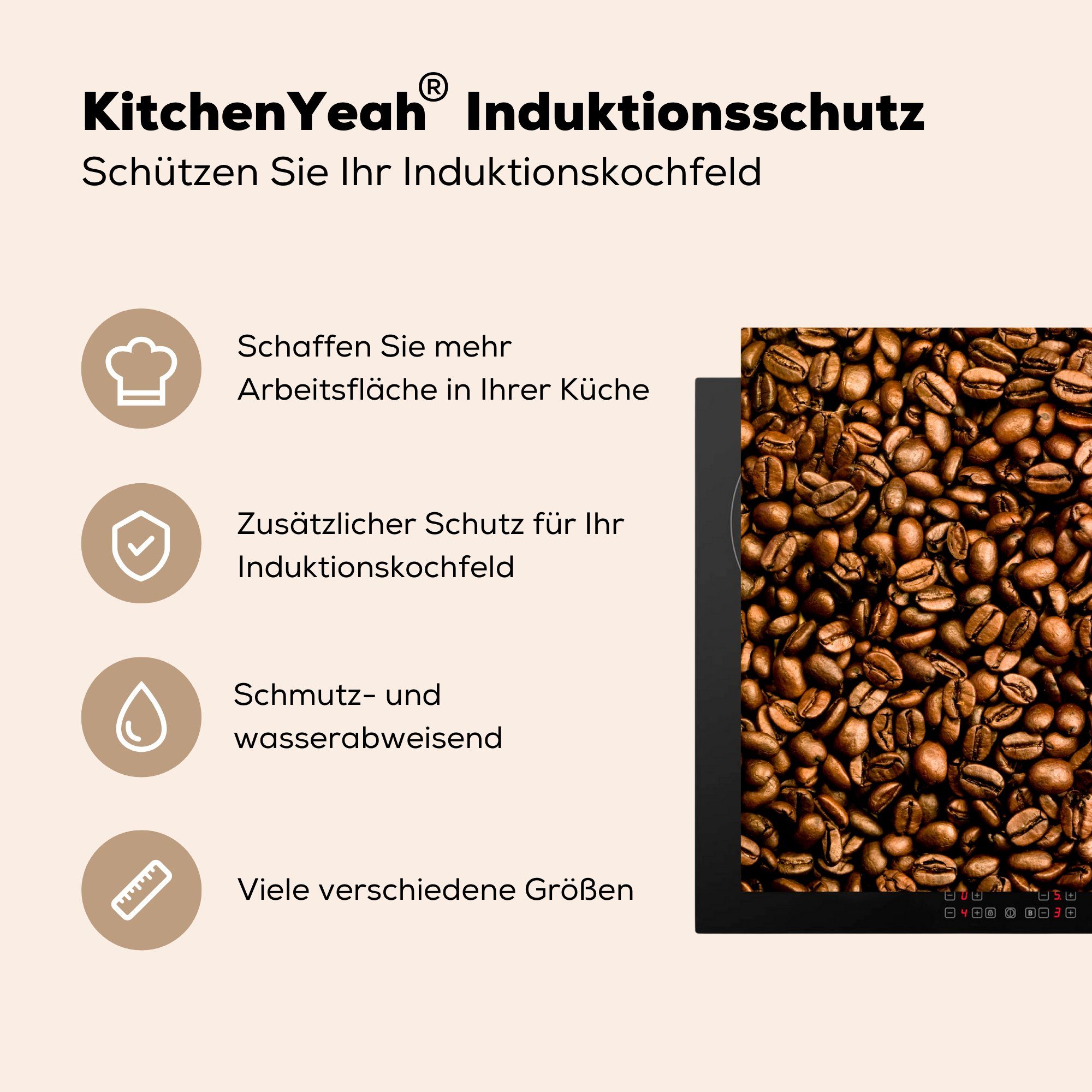 Induktionskochfeld in für (1 Kaffeebohnen Hellbraune einem Schutz cm, Herdblende-/Abdeckplatte küche, Ceranfeldabdeckung 81x52 die MuchoWow Stapel, Vinyl, tlg),