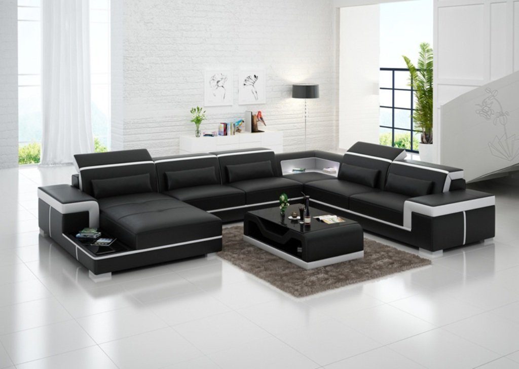 JVmoebel Ecksofa Sofa U-Form Ledersofa Couch Wohnlandschaft Garnitur, Made in Europe Schwarz