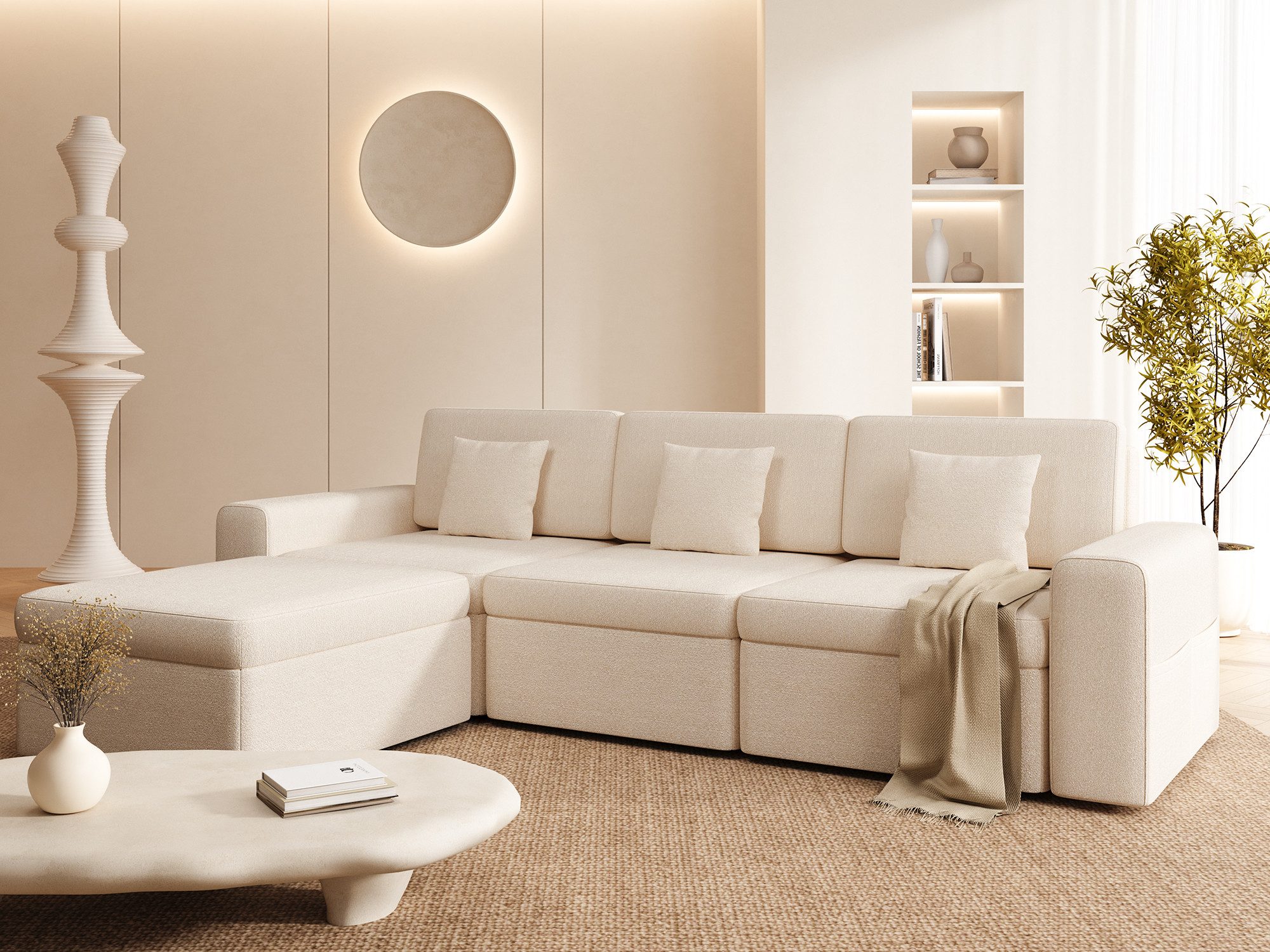 HOMAVO Ecksofa Schlafsofa, Couch L-Form, keine Montage erforderlich, inkl. Zierkissen, FSC® modulares Sofa, optionale Schlaffunktion & flexible Ottomane, Größe modular anpassbar, Stauraum je Sitz & edles Chenille für Komfort